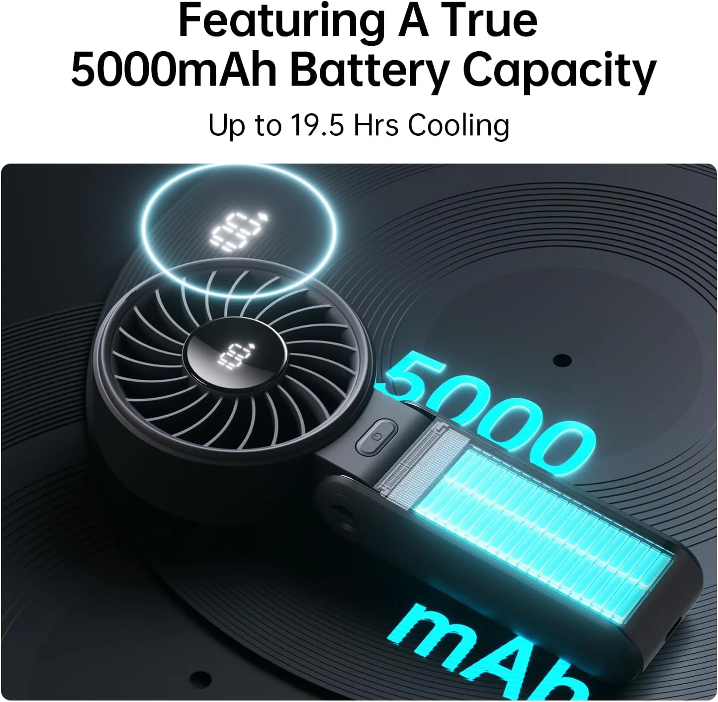 JISULIFE Handheld Fan Life7  Ultimate Flexibility: High-Power Motor, LED Display, 19.5 Hrs Cooling, 5000mAh Rechargeable, 5-Speed, Foldable Design, 3-IN-1 Portable Fan for Travel Cruise Beach(Black)