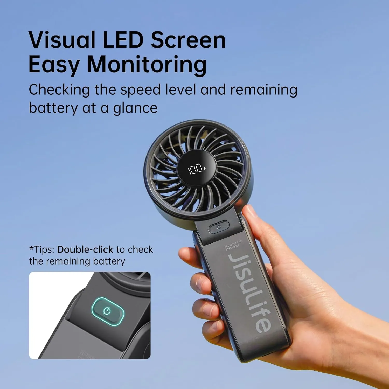 JISULIFE Handheld Fan Life7  Ultimate Flexibility: High-Power Motor, LED Display, 19.5 Hrs Cooling, 5000mAh Rechargeable, 5-Speed, Foldable Design, 3-IN-1 Portable Fan for Travel Cruise Beach(Black)