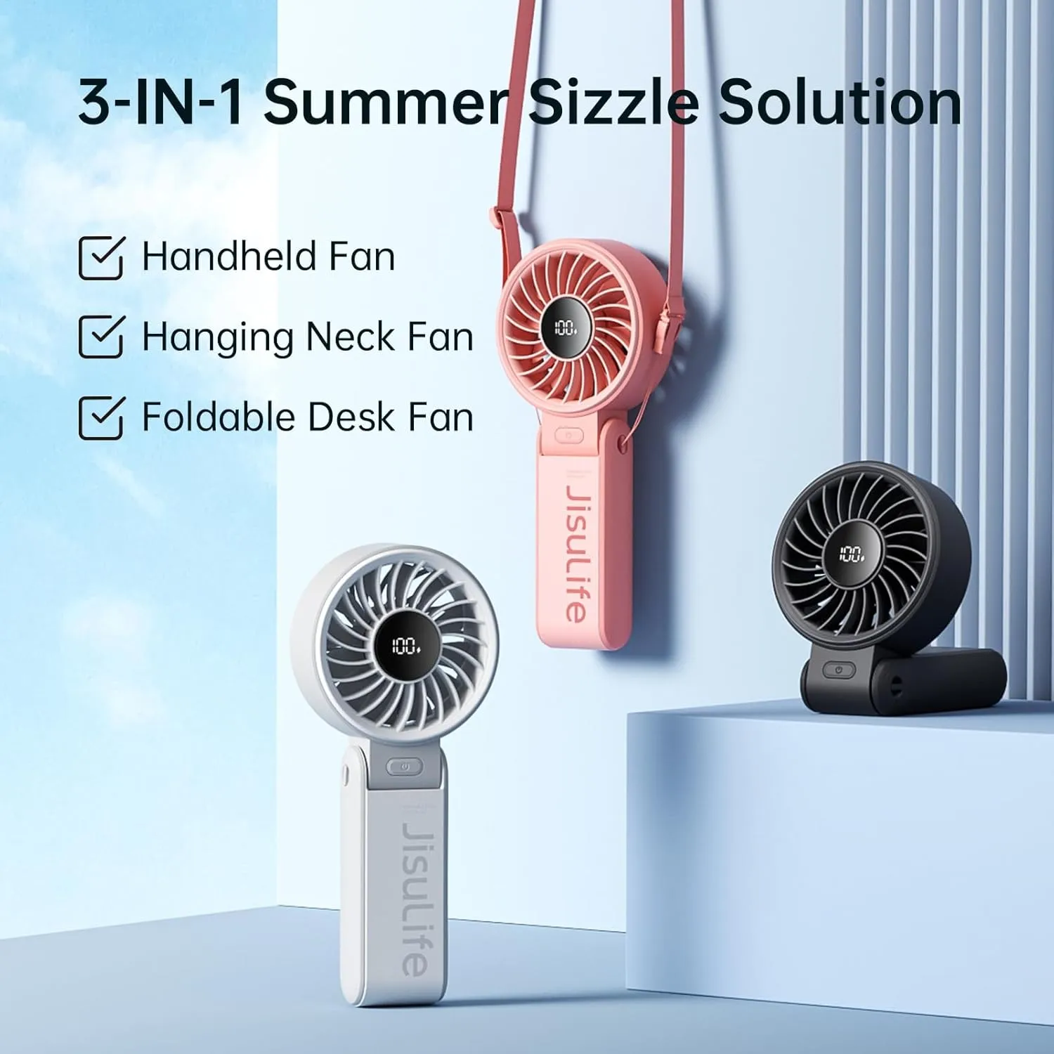 JISULIFE Handheld Fan Life7  Ultimate Flexibility: High-Power Motor, LED Display, 19.5 Hrs Cooling, 5000mAh Rechargeable, 5-Speed, Foldable Design, 3-IN-1 Portable Fan for Travel Cruise Beach(Black)