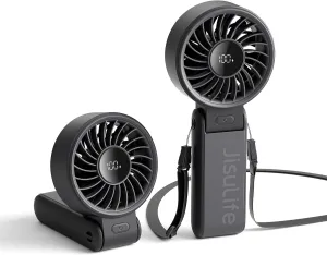 JISULIFE Handheld Fan Life7  Ultimate Flexibility: High-Power Motor, LED Display, 19.5 Hrs Cooling, 5000mAh Rechargeable, 5-Speed, Foldable Design, 3-IN-1 Portable Fan for Travel Cruise Beach(Black) Neck fan for hands-free comfort