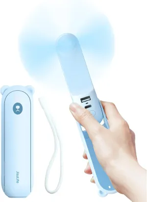 JISULIFE Handheld Fan with 4500 mAh Powerbank Max 37 Hours Runtime, Pocket Portable Battery Operated or USB Powered Folding Personal Fan, 3 Speeds, Gifts for Women Men Kids Gift for Festival-Blue Mini handheld fan for personal cooling