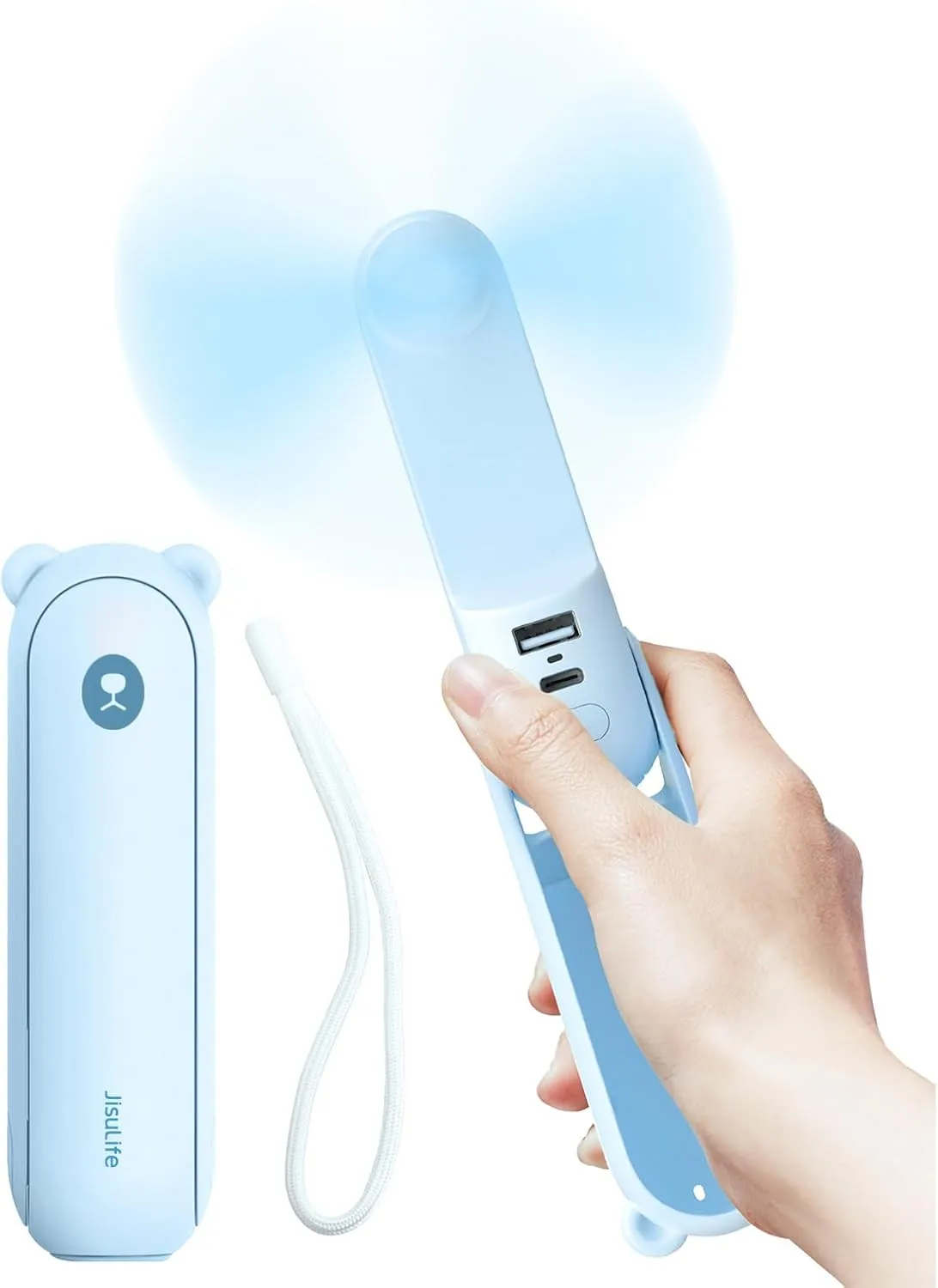 JISULIFE Handheld Fan with 4500 mAh Powerbank Max 37 Hours Runtime, Pocket Portable Battery Operated or USB Powered Folding Personal Fan, 3 Speeds, Gifts for Women Men Kids Gift for Festival-Blue Mini handheld fan for personal cooling