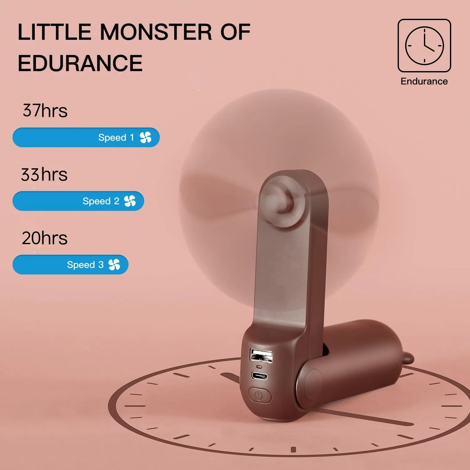 JISULIFE Handheld Fan with 4500 mAh Powerbank Max 37 Hours Runtime, Pocket Portable Battery Operated or USB Powered Folding Personal Fan, 3 Speeds, Gifts for Women Men Kids Gift for Festival-Brown