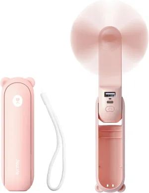 JISULIFE Handheld Mini Fan, 3 IN 1 USB Rechargeable Portable Fan [12-19 Working Hours] with Power Bank, Flashlight, Pocket Design for Travel/Summer/Concerts/Lash, Gifts for Women (Pink) Waist-mounted portable fan for outdoor use