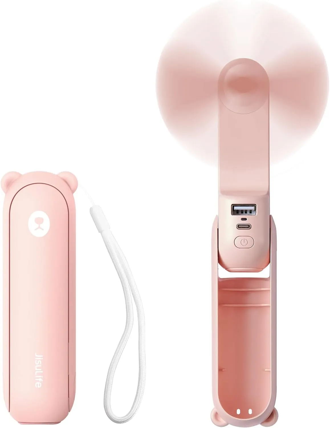 JISULIFE Handheld Mini Fan, 3 IN 1 USB Rechargeable Portable Fan [12-19 Working Hours] with Power Bank, Flashlight, Pocket Design for Travel/Summer/Concerts/Lash, Gifts for Women (Pink) Waist-mounted portable fan for outdoor use