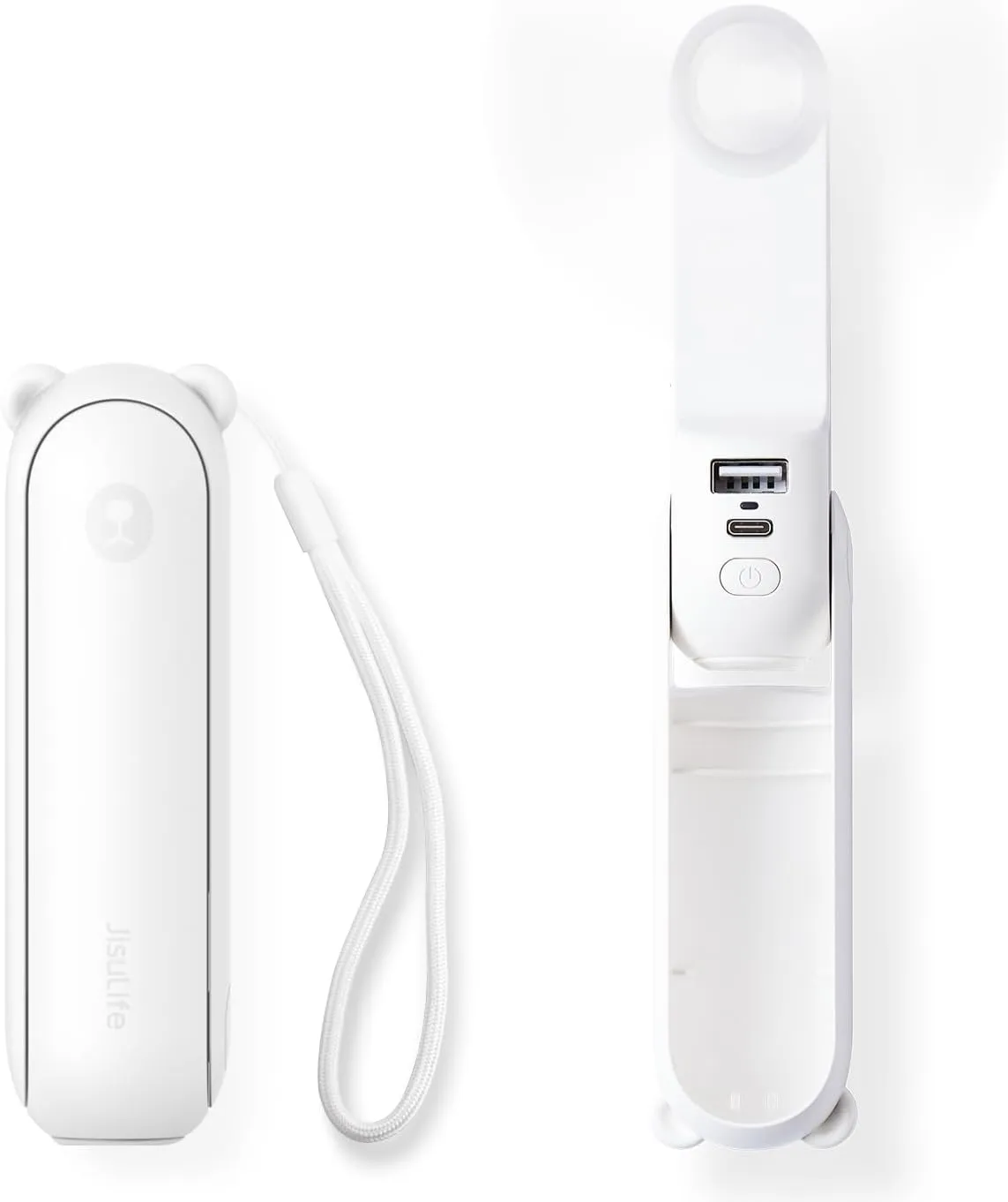 JISULIFE Handheld Mini Fan, 3 IN 1 USB Rechargeable Portable Fan [12-19 Working Hours] with Power Bank, Flashlight, Pocket Design for Travel/Summer/Concerts/Lash, Gifts for Women (White) Waist-mounted portable fan for outdoor use