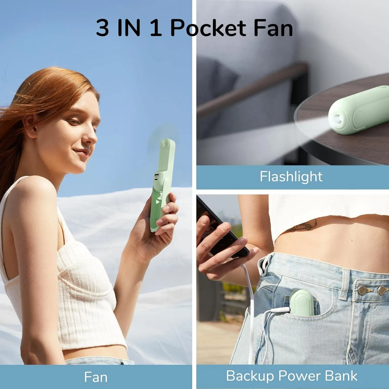 JISULIFE Handheld Mini Fan, 3 IN 1 USB Rechargeable Portable Fan [12-19 Working Hours] with Power Bank, Flashlight, Pocket Design for Travel/Summer/Concerts/Lash, Gifts for Women(Green)