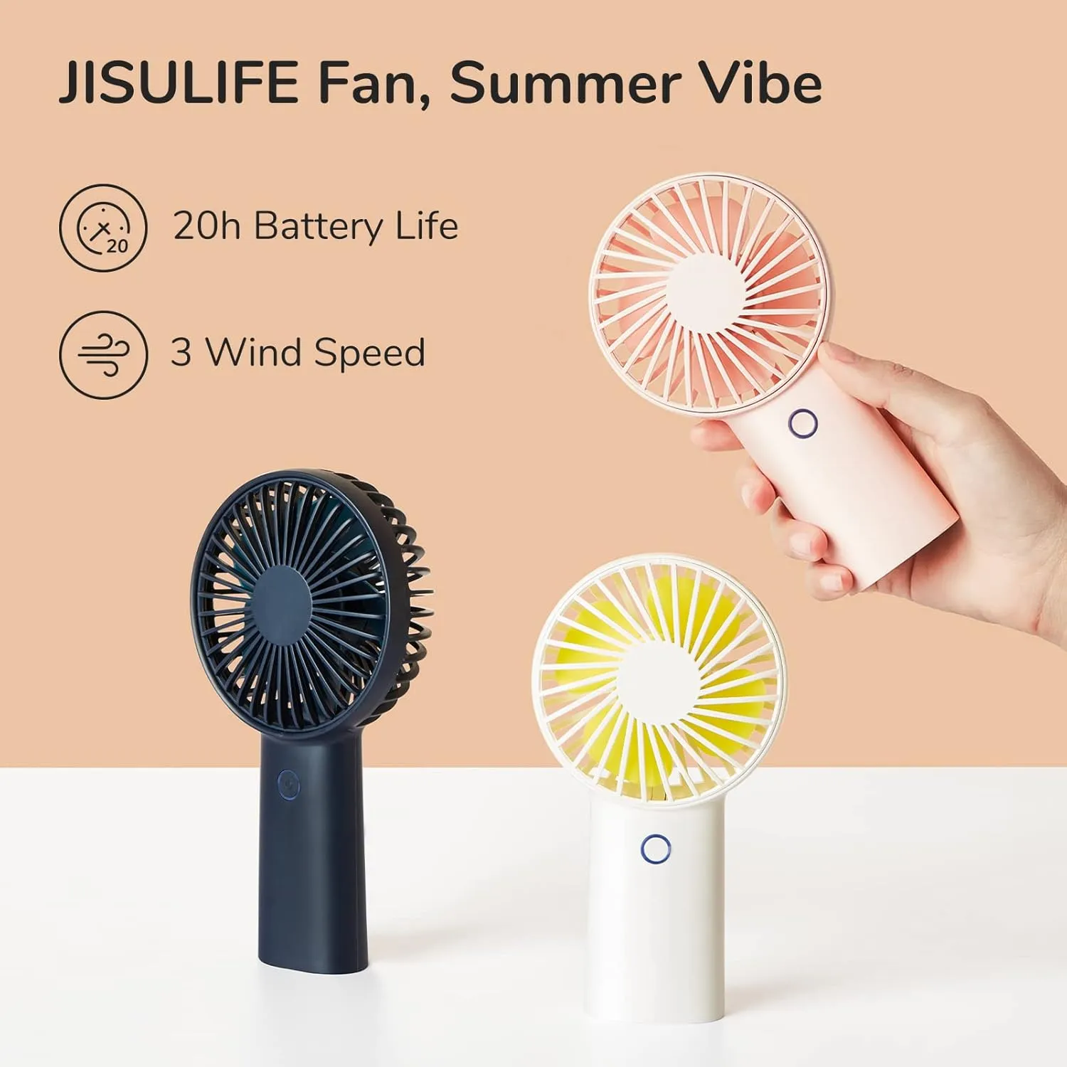 JISULIFE Handheld Portable Fan [20H Max Cooling Time] Mini Hand Fan, 4000mAh USB Rechargeable Personal Fan, Battery Operated Small Fan with 3 Speeds for Travel/Commute/Makeup/Office-Pink