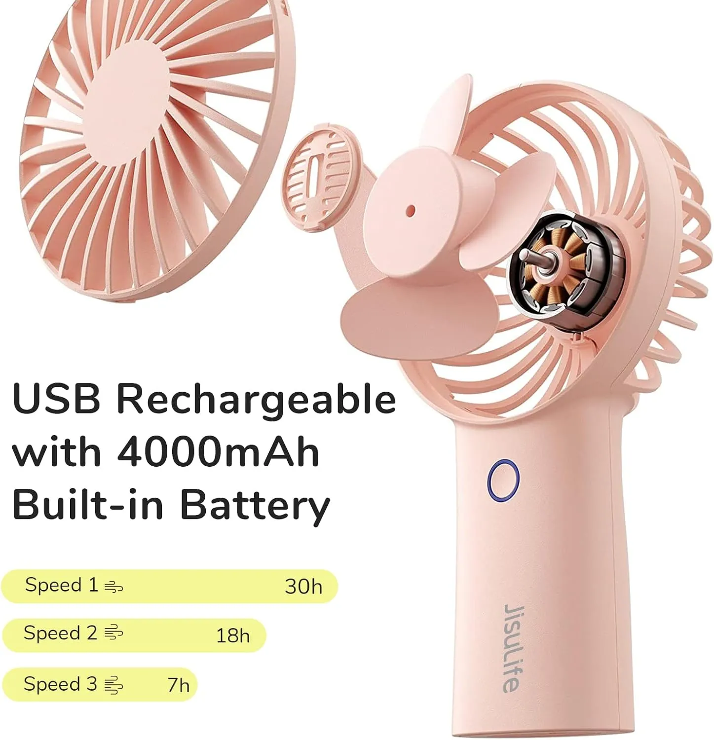 JISULIFE Handheld Portable Fan [20H Max Cooling Time] Mini Hand Fan, 4000mAh USB Rechargeable Personal Fan, Battery Operated Small Fan with 3 Speeds for Travel/Commute/Makeup/Office-Pink
