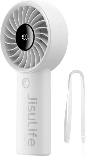 JISULIFE Handheld Portable Fan with Powerful Motor,LED Display,5000mAh Battery,5 Wind Speeds,Lanyard; Summer Essentials USB Rechargeable Hand held Fan for Travel,Beach,Makeup,Concerts-Gery Mini handheld fan for personal cooling