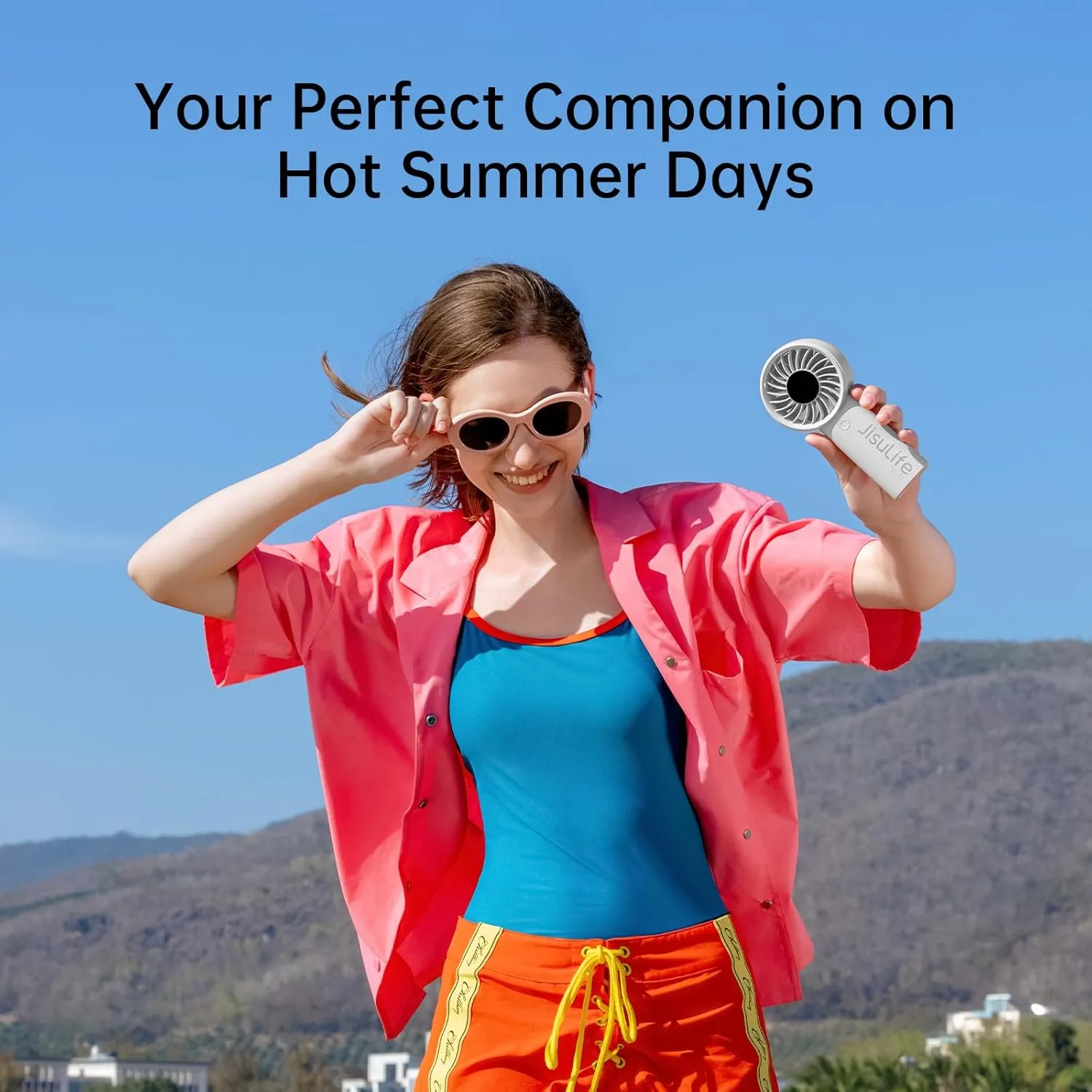 JISULIFE Handheld Portable Fan with Powerful Motor,LED Display,5000mAh Battery,5 Wind Speeds,Lanyard; Summer Essentials USB Rechargeable Hand held Fan for Travel,Beach,Makeup,Concerts-Gery