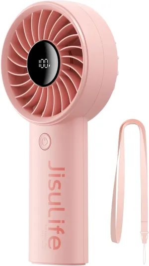 JISULIFE Handheld Portable Fan with Powerful Motor,LED Display,5000mAh Battery,5 Wind Speeds,Lanyard; Summer Essentials USB Rechargeable Hand held Fan for Travel,Beach,Makeup,Concerts-Pink Mini handheld fan for personal cooling