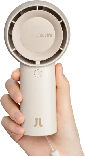 JISULIFE Handheld Portable Turbo Fan [16H Max Cooling Time], 4000mAh USB Rechargeable Personal Battery Operated Mini Small Pocket Fan with 5 Speeds for Travel/Outdoor/Vacation/Concerts - Brown Waist-mounted portable fan for outdoor use