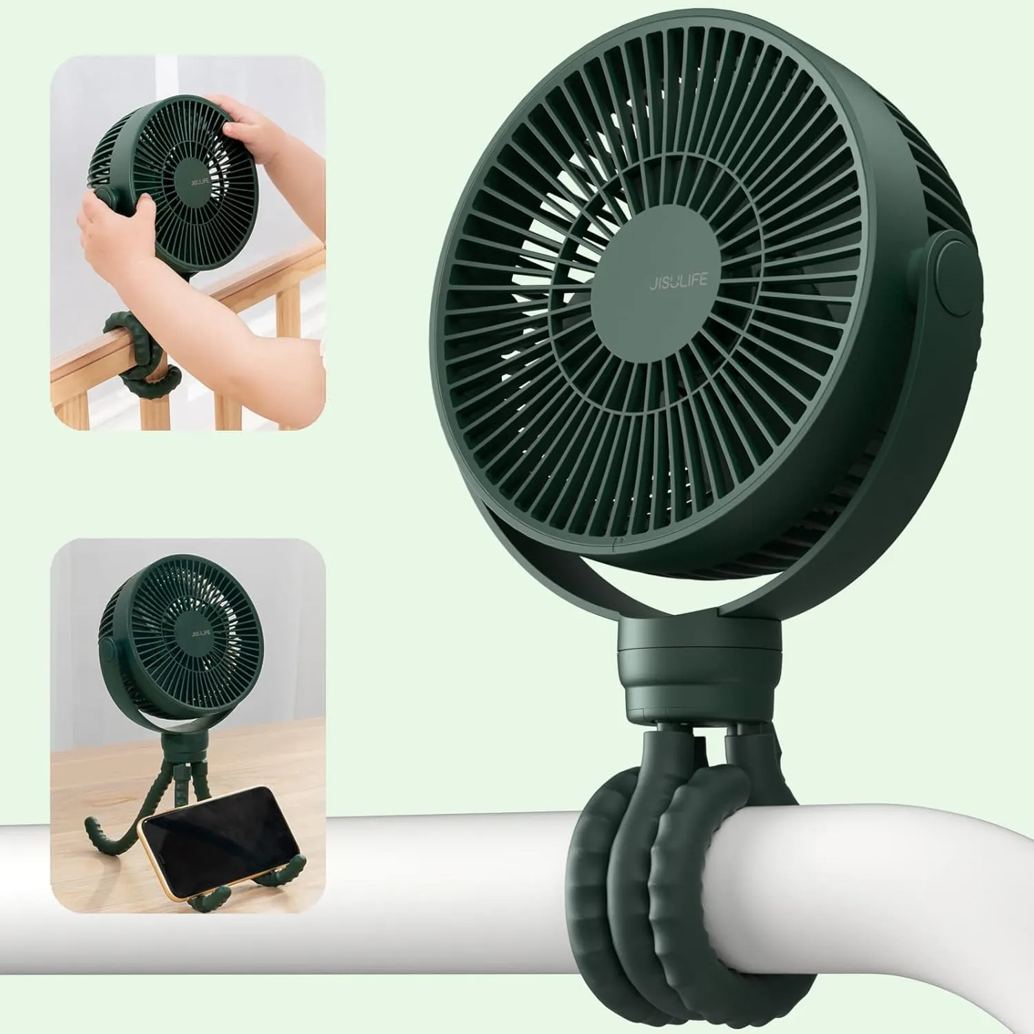 JISULIFE Mini Stroller Fan 4000mAh Battery Operated with 4 Speeds, Rechargeable 720Rotatable, Clip on for Baby Carseat/Crib/Golf Cart/Treadmill -Green Rear-mounted fan for childrens safety