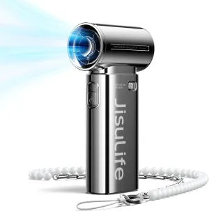 JISULIFE Portable Handheld Fan Life9, Turbo Power High Speed Air [18H Max Cooling Time], 5 Gear Wind, 5000mAh Rechargeable, Mini Pocket Design, Personal Fan for Travel Concerts Camping Makeup - Chrome Neck fan for hands-free comfort