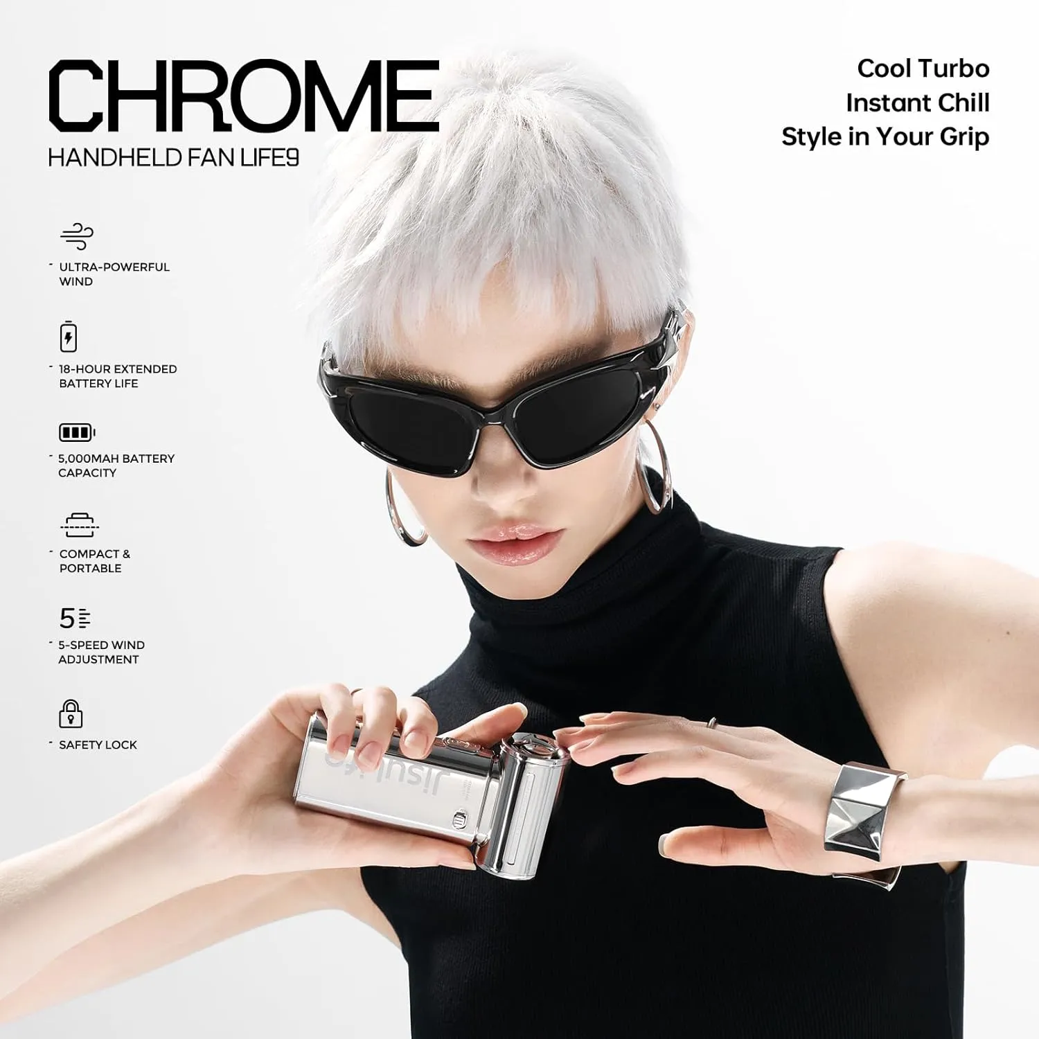 JISULIFE Portable Handheld Fan Life9, Turbo Power High Speed Air [18H Max Cooling Time], 5 Gear Wind, 5000mAh Rechargeable, Mini Pocket Design, Personal Fan for Travel Concerts Camping Makeup - Chrome