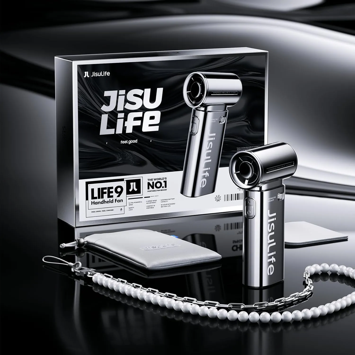 JISULIFE Portable Handheld Fan Life9, Turbo Power High Speed Air [18H Max Cooling Time], 5 Gear Wind, 5000mAh Rechargeable, Mini Pocket Design, Personal Fan for Travel Concerts Camping Makeup - Chrome