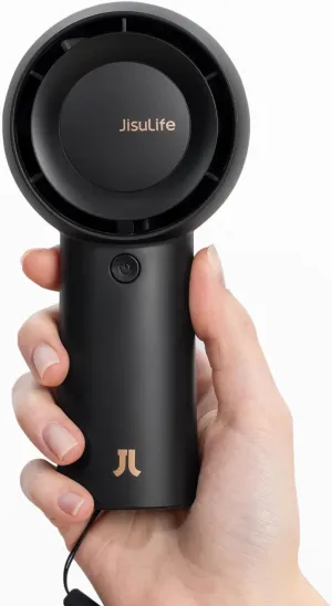 JISULIFE Portable Handheld Turbo Fan [18H Max Cooling Time], 6000mAh USB Rechargeable Personal Battery Operated Lash Small Pocket Fan with 5 Speeds for Travel/Outdoor/Vacation/Concerts- Black Waist-mounted portable fan for outdoor use