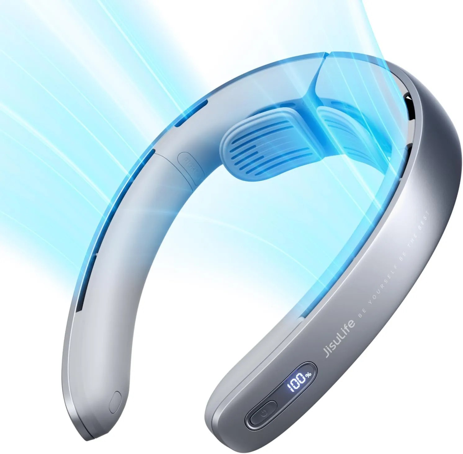JISULIFE Portable Neck Fan Pro, 100 Speeds Bladeless, Stepless Knob, LED Display, 5000mAh Rechargeable Personal, Mini Hands Free, USB Battery Operated Wearable-Grey Neck fan for hands-free comfort