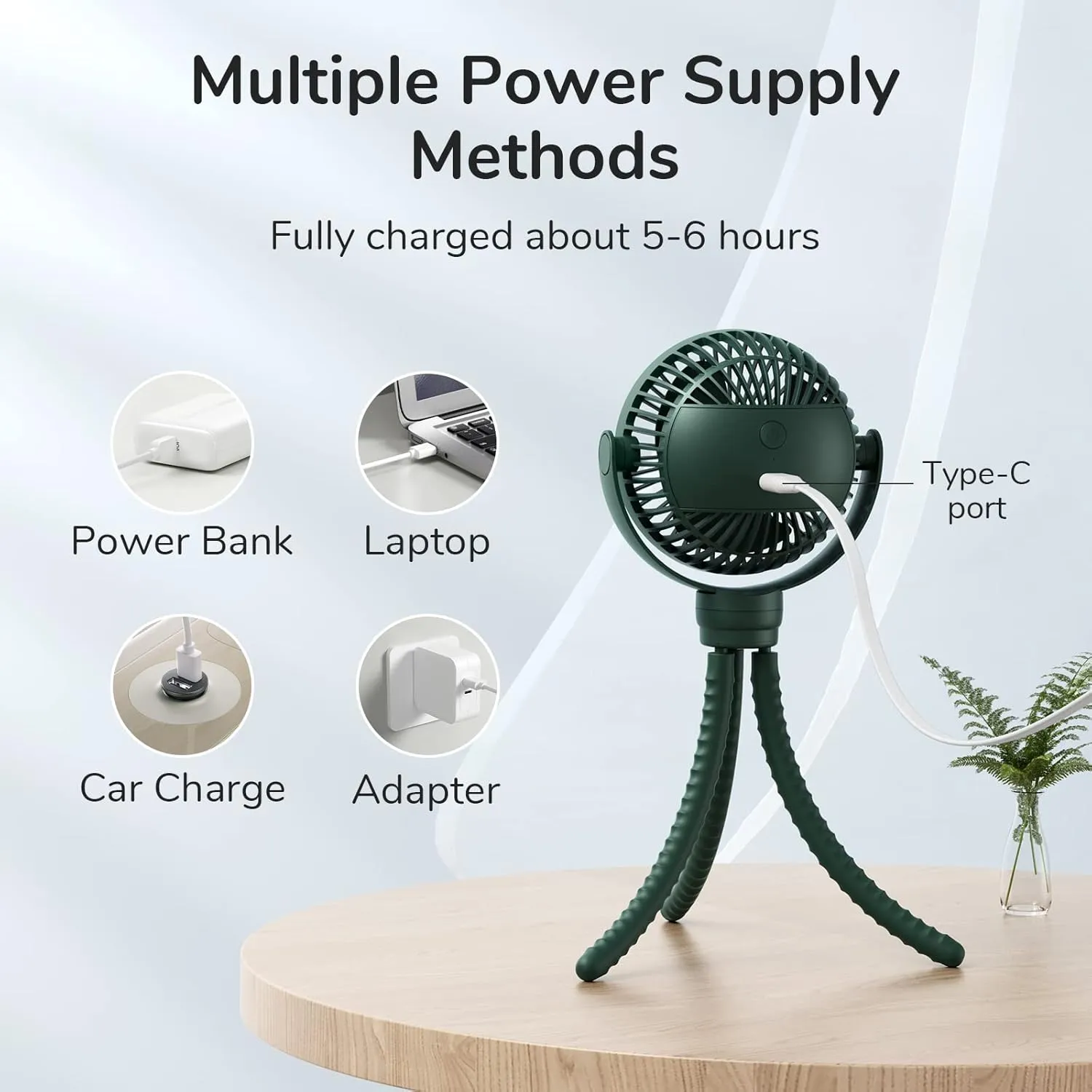 JISULIFE Portable Stroller Fan 4000mAh Battery Operated with 4 Speeds, USB Rechargeable Mini Fan with 360Rotatable Flexible Tripod for Handheld/Desk/Car Seat/Treadmill/Travel -Alpine Green