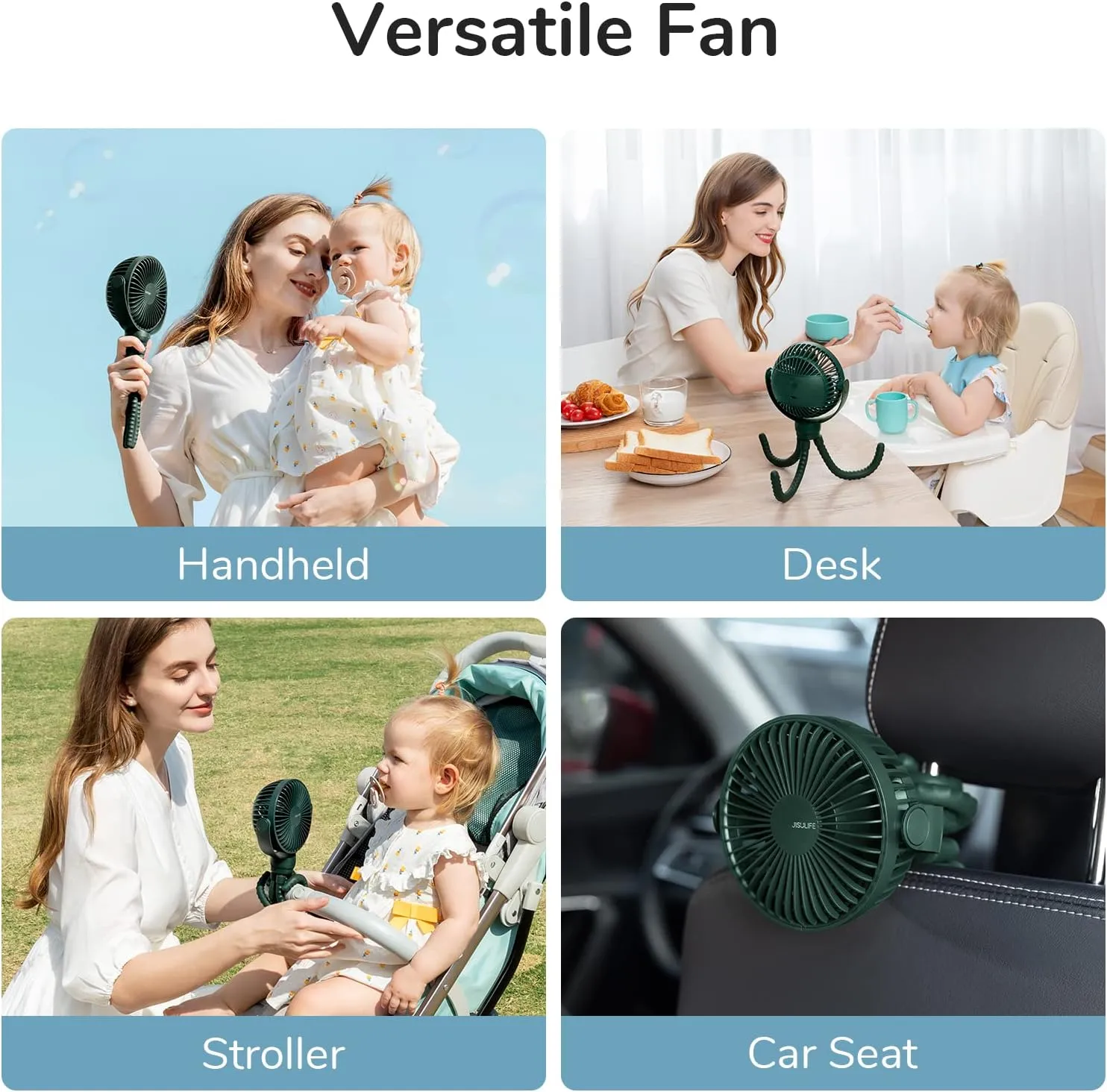 JISULIFE Portable Stroller Fan 4000mAh Battery Operated with 4 Speeds, USB Rechargeable Mini Fan with 360Rotatable Flexible Tripod for Handheld/Desk/Car Seat/Treadmill/Travel -Alpine Green