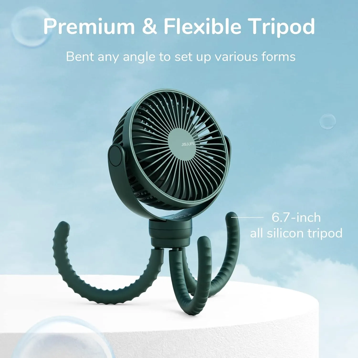 JISULIFE Portable Stroller Fan 4000mAh Battery Operated with 4 Speeds, USB Rechargeable Mini Fan with 360Rotatable Flexible Tripod for Handheld/Desk/Car Seat/Treadmill/Travel -Alpine Green