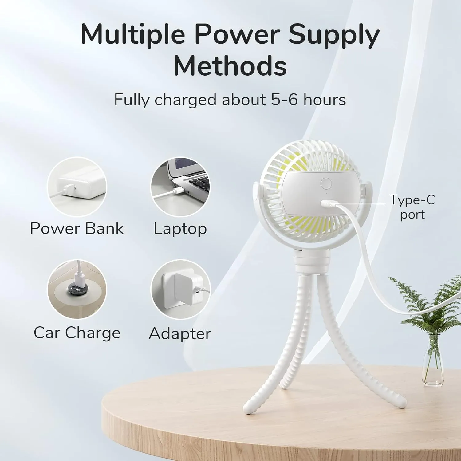 JISULIFE Portable Stroller Fan 4000mAh Battery Operated with 4 Speeds, USB Rechargeable Mini Fan with 360Rotatable Flexible Tripod for Handheld/Desk/Car Seat/Treadmill/Travel -Starlight White