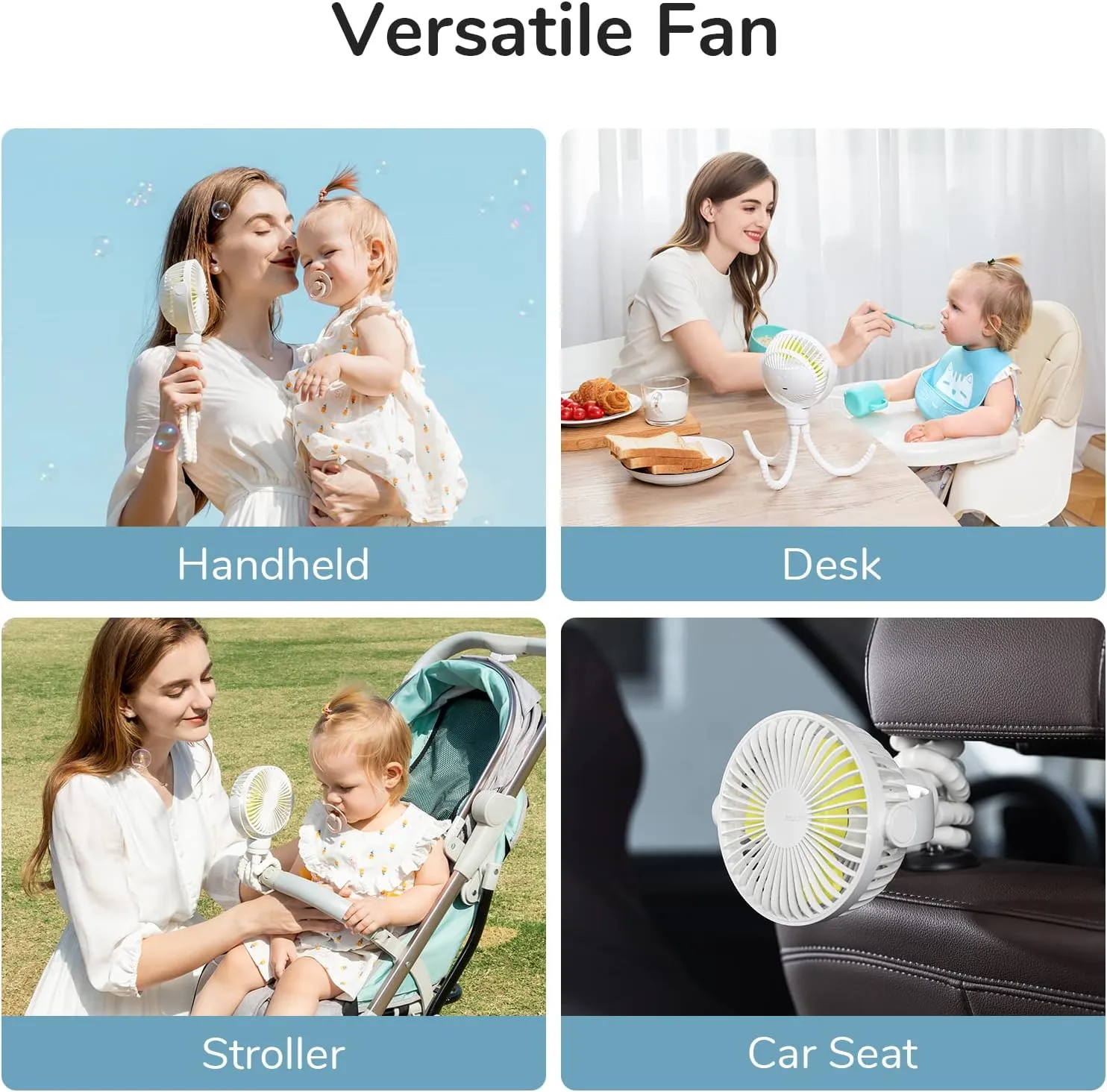 JISULIFE Portable Stroller Fan 4000mAh Battery Operated with 4 Speeds, USB Rechargeable Mini Fan with 360Rotatable Flexible Tripod for Handheld/Desk/Car Seat/Treadmill/Travel -Starlight White