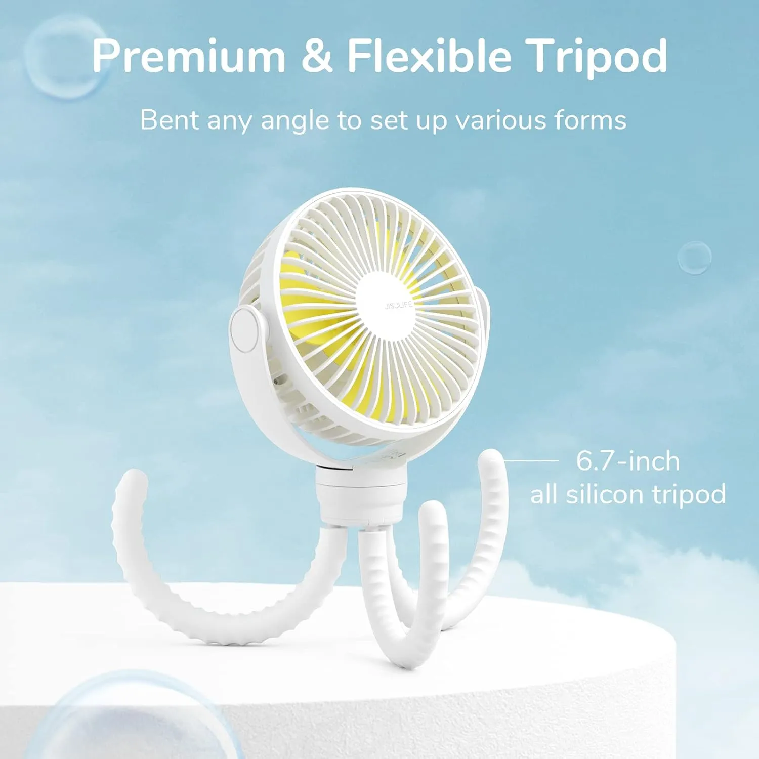 JISULIFE Portable Stroller Fan 4000mAh Battery Operated with 4 Speeds, USB Rechargeable Mini Fan with 360Rotatable Flexible Tripod for Handheld/Desk/Car Seat/Treadmill/Travel -Starlight White