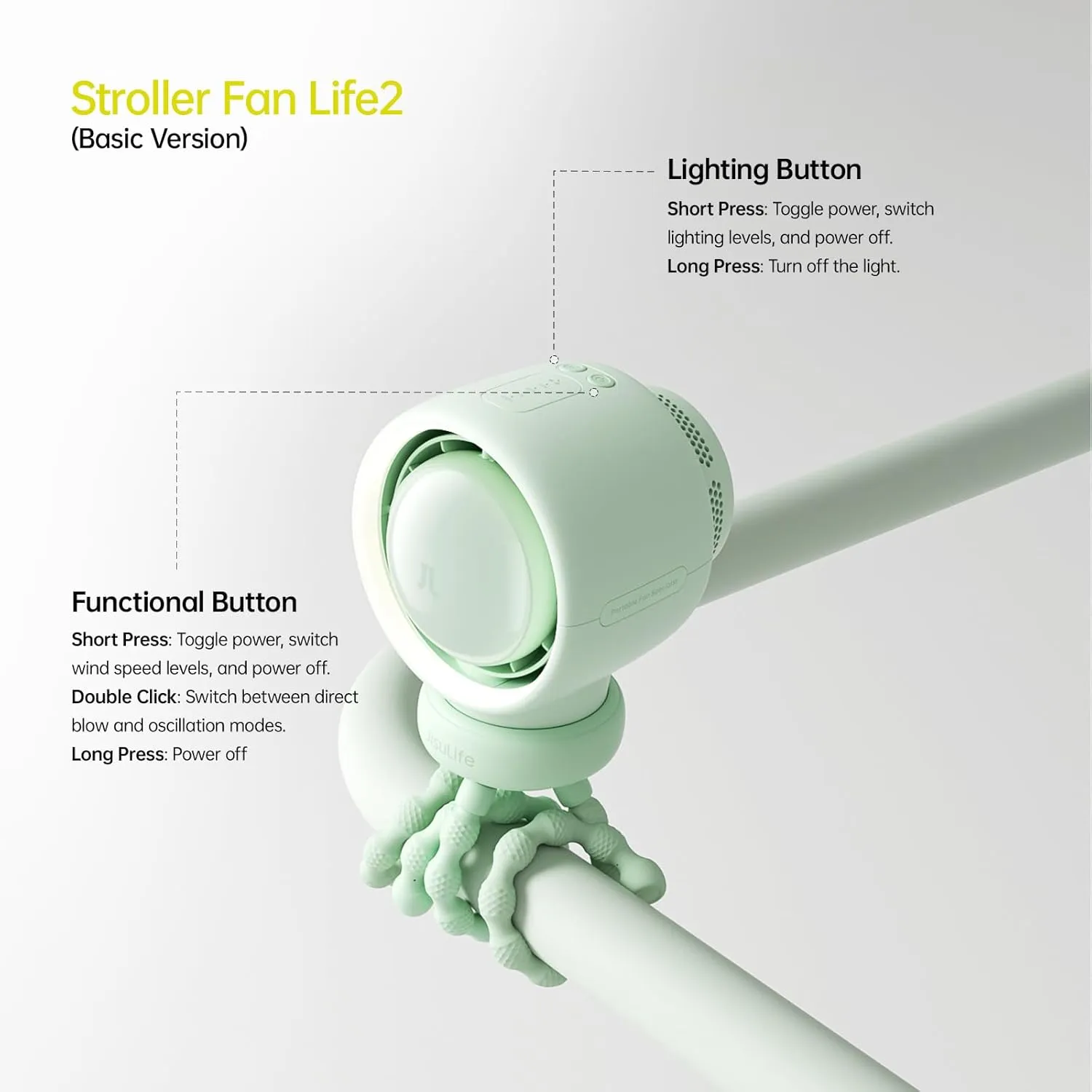 JISULIFE Stroller Fan Baby Large, Safe Bladeless for Crib, Desk, Portable Battery Rechargeable Cooling Fan with Air Turbo Tech, Night Light, Food-Grade Gift for Mom/Dad/Friend - Green