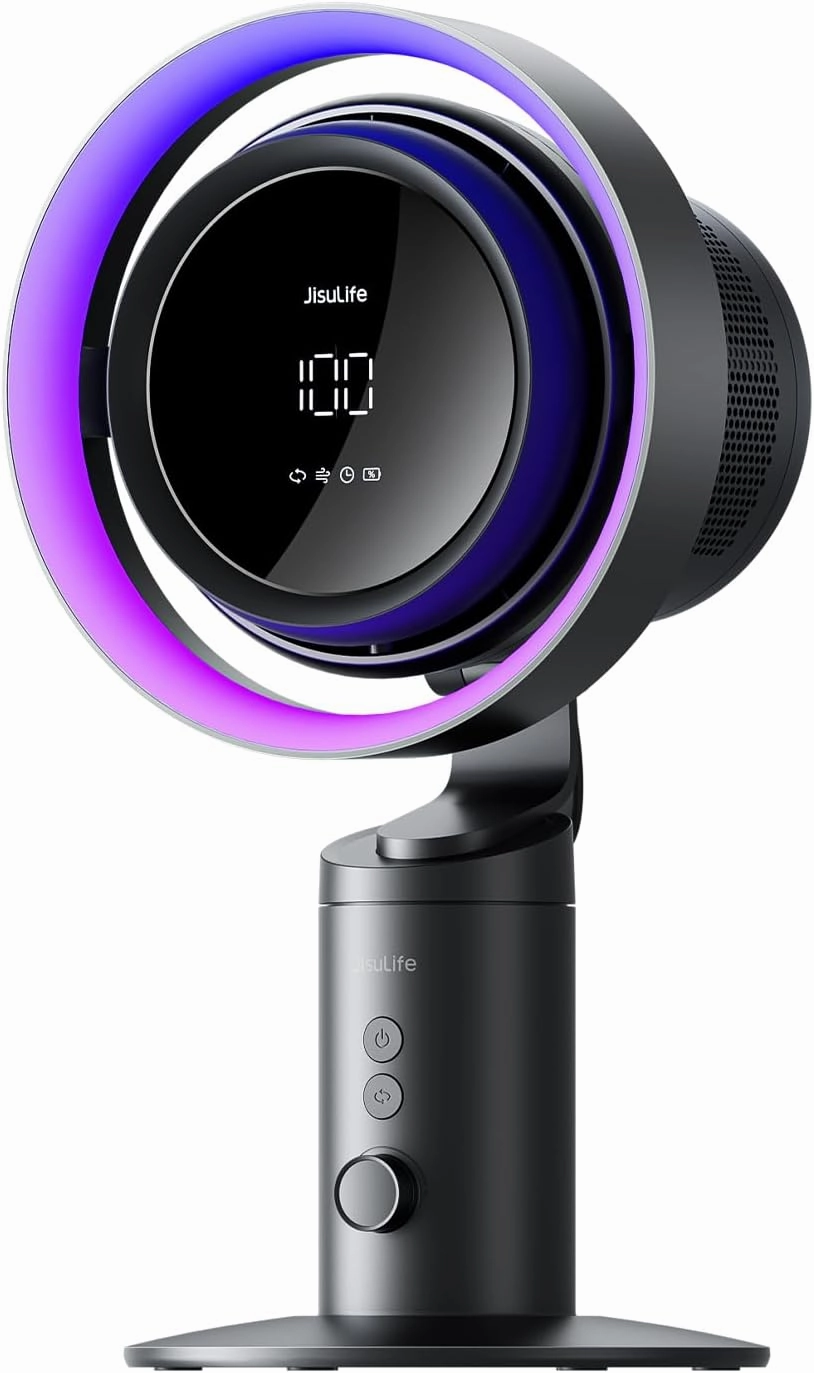 Jisulife Table Fan Pro3, 3-IN-1 Turbo Oscillating Fan with Air Purifier and RGB Light, H11 HEPA Filter, 100-Speed Adjustable, 10000mAh Rechargeable Battery, Powerful Airflow for Desktop/Office/Bedroom Desktop fan with humidification feature