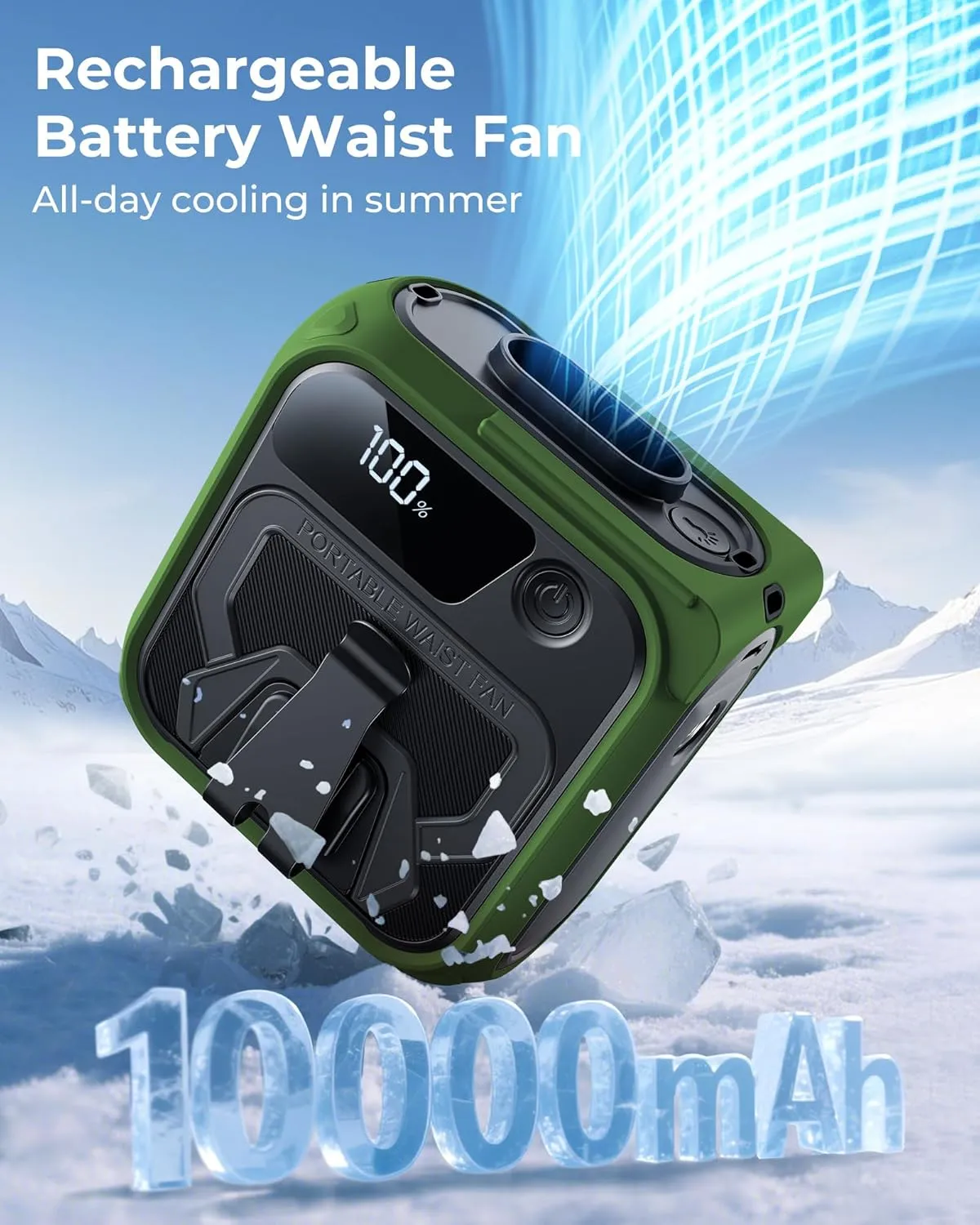 Joeyrras 10000mAh Portable Waist Fan, Belt Clip Fan Under Shirt with 5 Speeds, Waist Fans Clip On for Hands-Free Cooling, Shirt Fans with LED Display,for Outdoor Jobsite Camping-Green