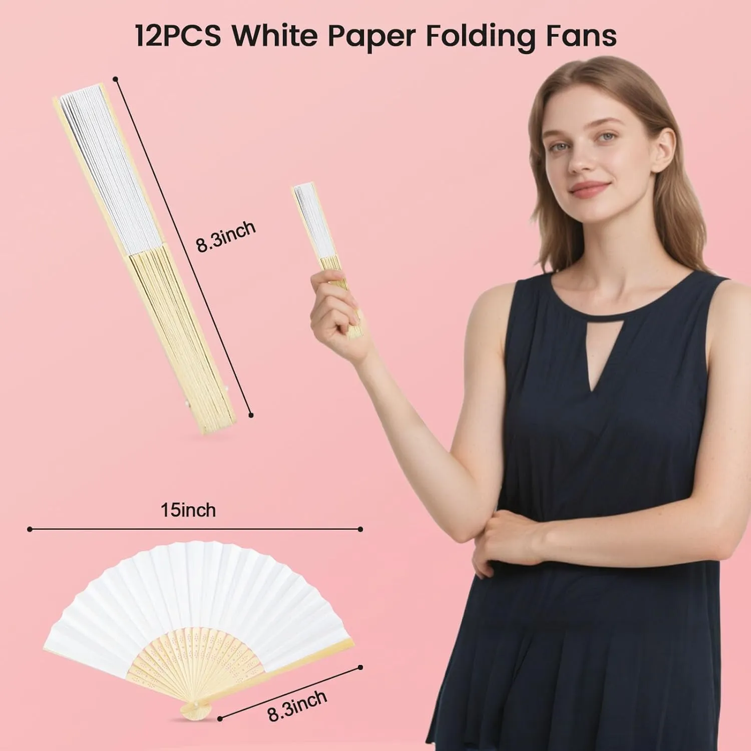 JOHOUSE 12 Packs Paper Hand Fans Foldable, 8.3 Inch White Paper Fans Handheld Portable for Wedding, Party Favors, Bridal Shower DIY Decoration Photography Props