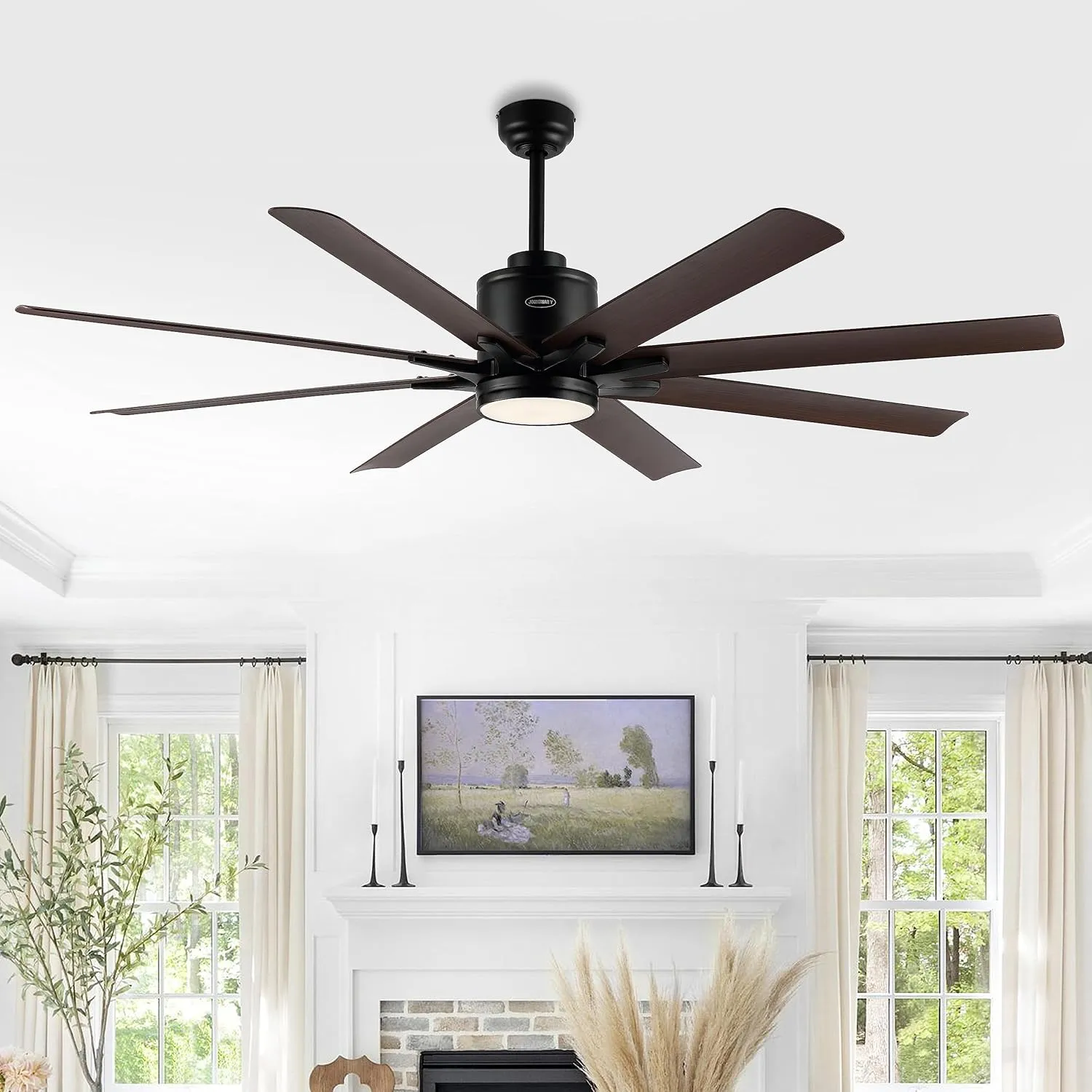 JONATHAN Y JYL9713B Octo 66" 1-Light Contemporary Industrial Iron/Plastic Mobile-App/Remote-Controlled 6-Speed Ceiling Fan with Integrated LED Light, Black/Neutral Brown Wood Finish