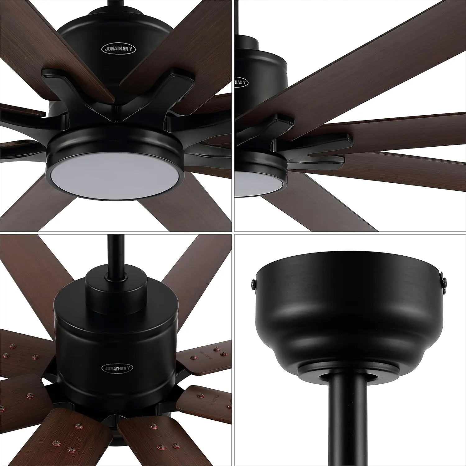 JONATHAN Y JYL9713B Octo 66" 1-Light Contemporary Industrial Iron/Plastic Mobile-App/Remote-Controlled 6-Speed Ceiling Fan with Integrated LED Light, Black/Neutral Brown Wood Finish