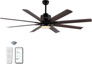JONATHAN Y JYL9713B Octo 66" 1-Light Contemporary Industrial Iron/Plastic Mobile-App/Remote-Controlled 6-Speed Ceiling Fan with Integrated LED Light, Black/Neutral Brown Wood Finish App-controlled remote fan for convenience