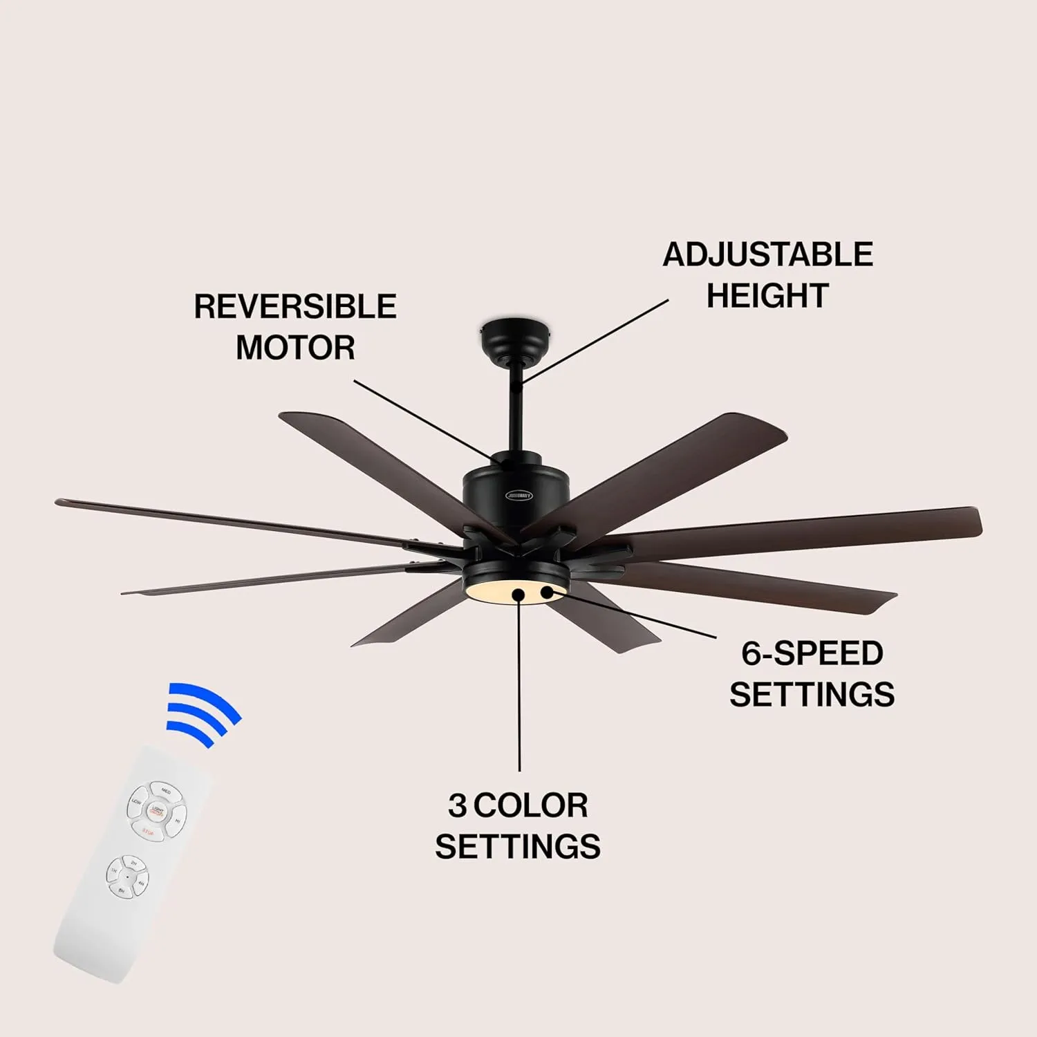 JONATHAN Y JYL9713B Octo 66" 1-Light Contemporary Industrial Iron/Plastic Mobile-App/Remote-Controlled 6-Speed Ceiling Fan with Integrated LED Light, Black/Neutral Brown Wood Finish