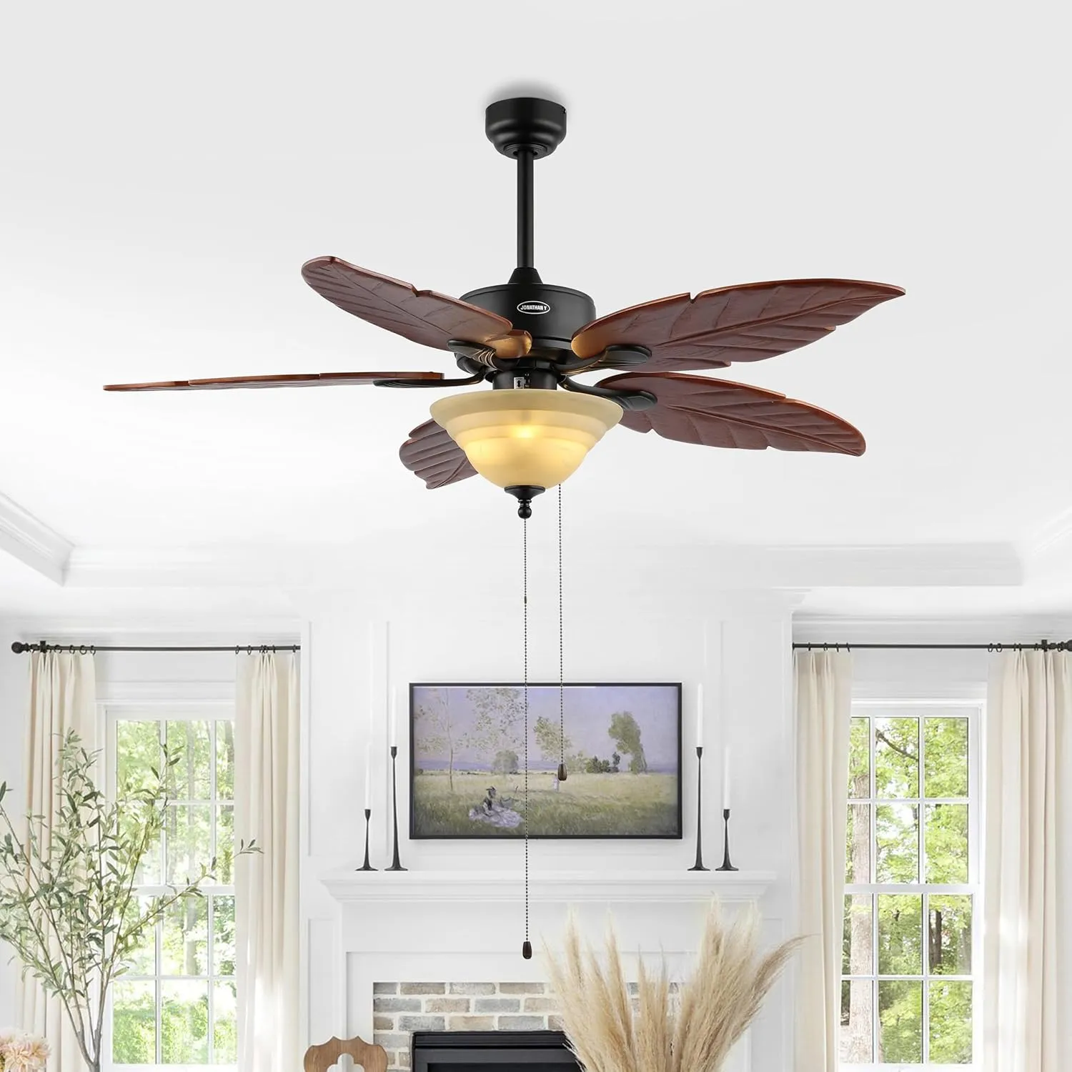 JONATHAN Y JYL9720B Poinciana 52" 3-Light Coastal Bohemian Iron/Wood Palm Leaf LED Ceiling Fan with Pull Chain Rustic, Eclectic, Transitional, Office, Living Room, Dining Room, Bedroom, Dark Brown