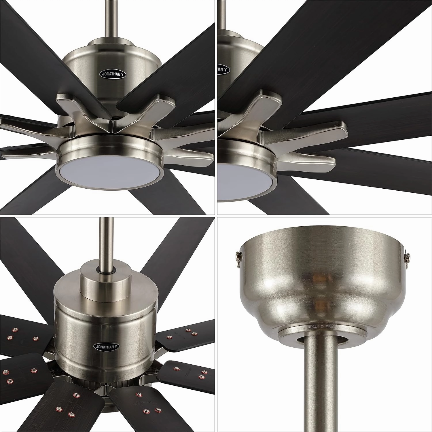 JONATHAN Y JYL9712B Octo 66" 1-Light Contemporary Industrial Iron/Plastic Mobile-App/Remote-Controlled 6-Speed Ceiling Fan with Integrated LED Light, Nickel/Dark Brown Wood Finish