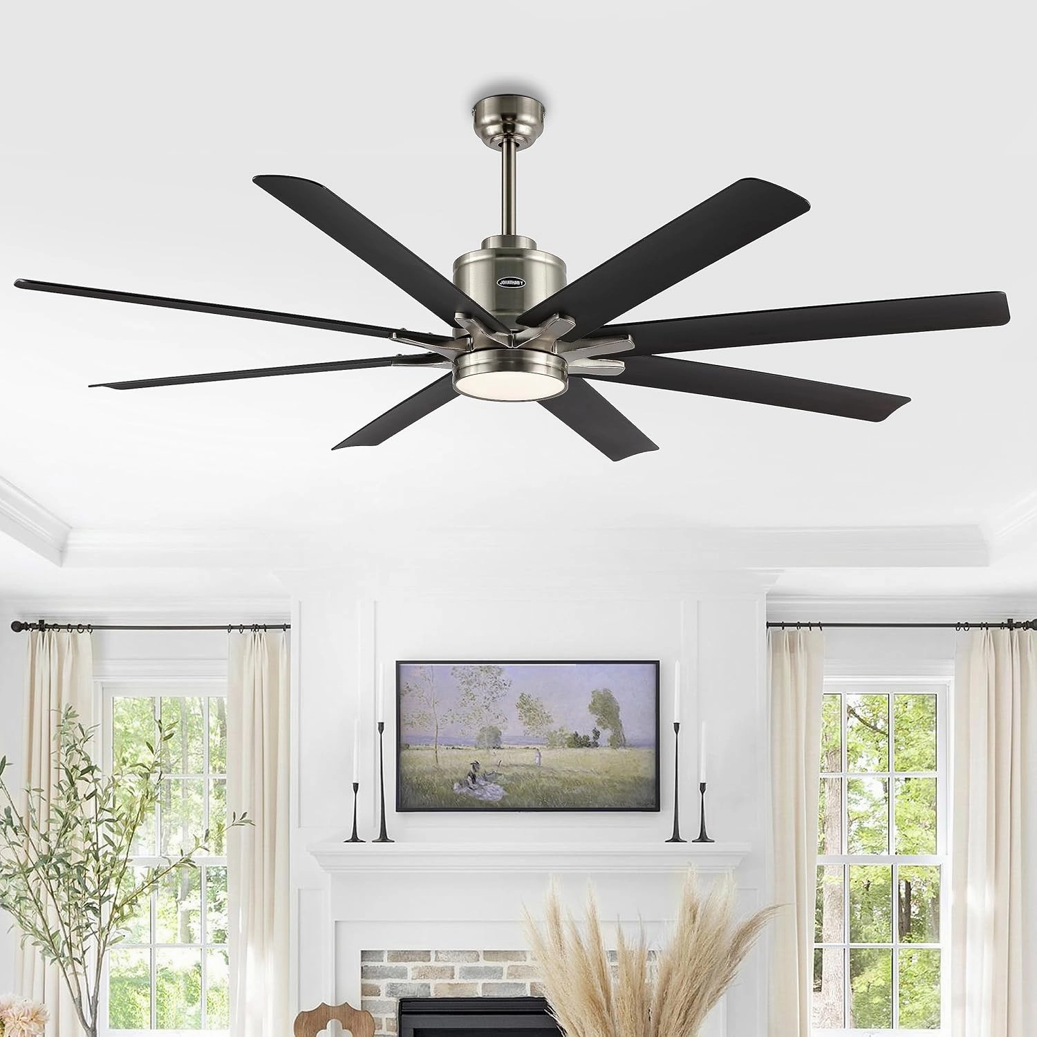 JONATHAN Y JYL9712B Octo 66" 1-Light Contemporary Industrial Iron/Plastic Mobile-App/Remote-Controlled 6-Speed Ceiling Fan with Integrated LED Light, Nickel/Dark Brown Wood Finish