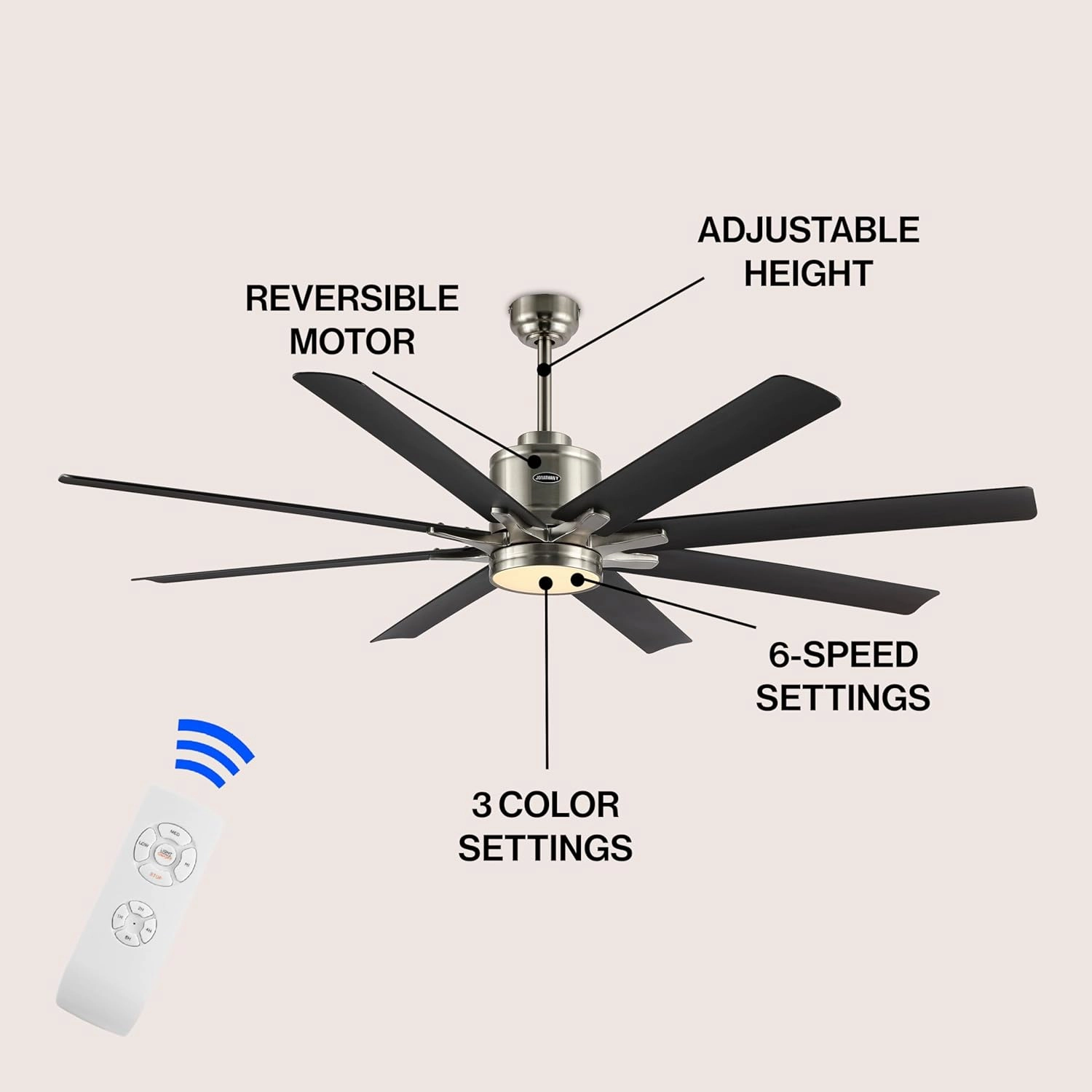 JONATHAN Y JYL9712B Octo 66" 1-Light Contemporary Industrial Iron/Plastic Mobile-App/Remote-Controlled 6-Speed Ceiling Fan with Integrated LED Light, Nickel/Dark Brown Wood Finish
