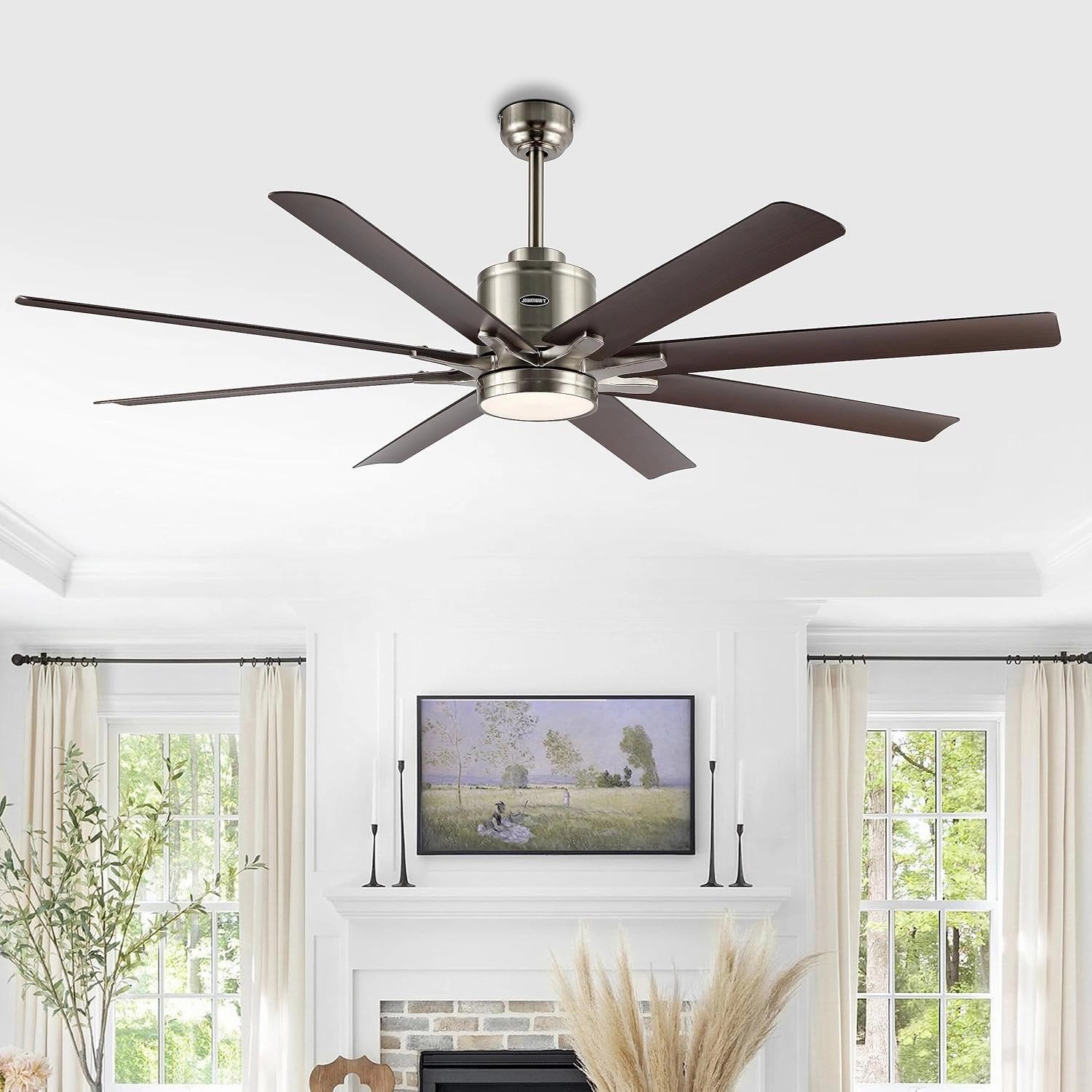 JONATHAN Y JYL9712C Octo 66" 1-Light Contemporary Industrial Iron/Plastic Mobile-App/Remote-Controlled 6-Speed Ceiling Fan with Integrated LED Light, Nickel/Neutral Brown Wood Finish