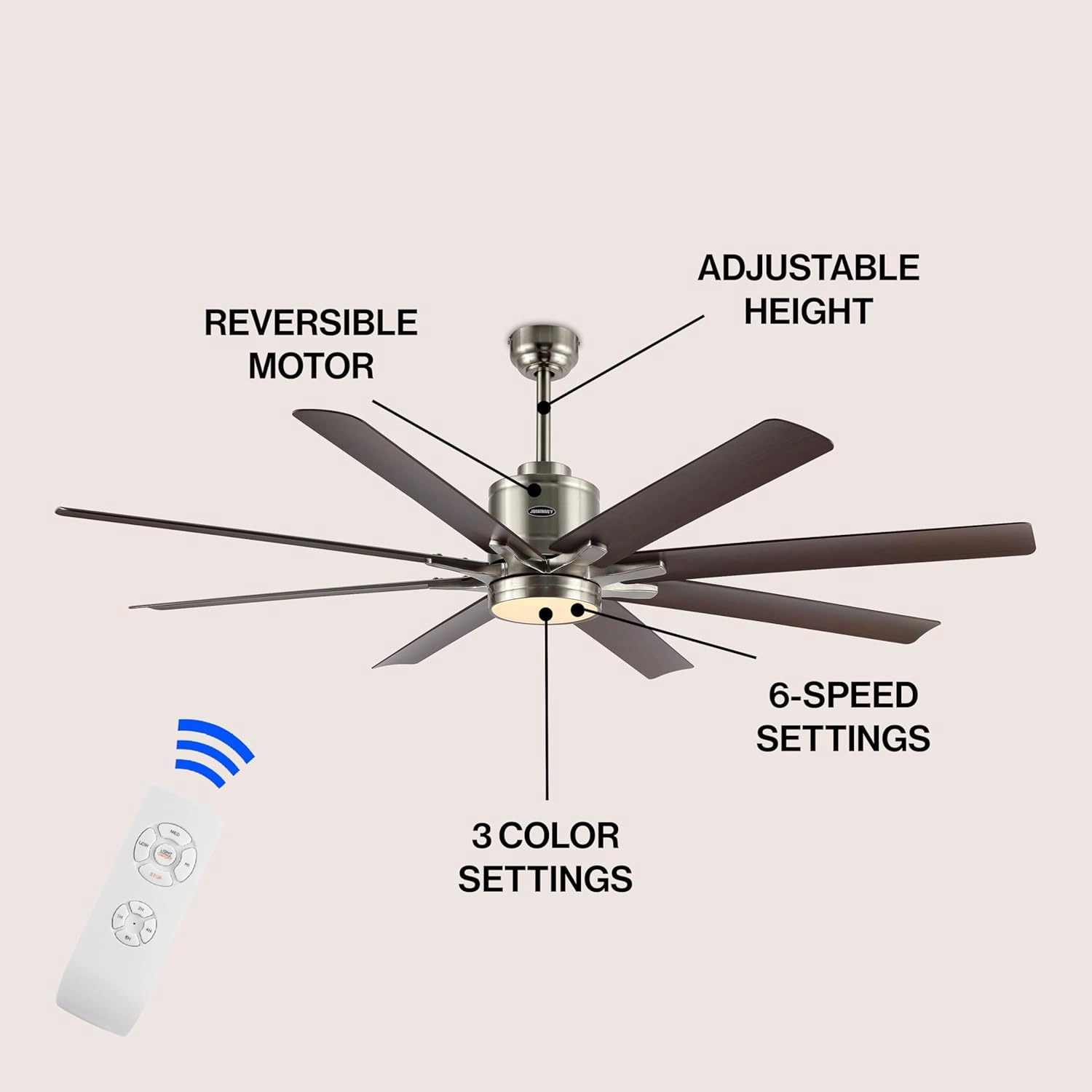 JONATHAN Y JYL9712C Octo 66" 1-Light Contemporary Industrial Iron/Plastic Mobile-App/Remote-Controlled 6-Speed Ceiling Fan with Integrated LED Light, Nickel/Neutral Brown Wood Finish