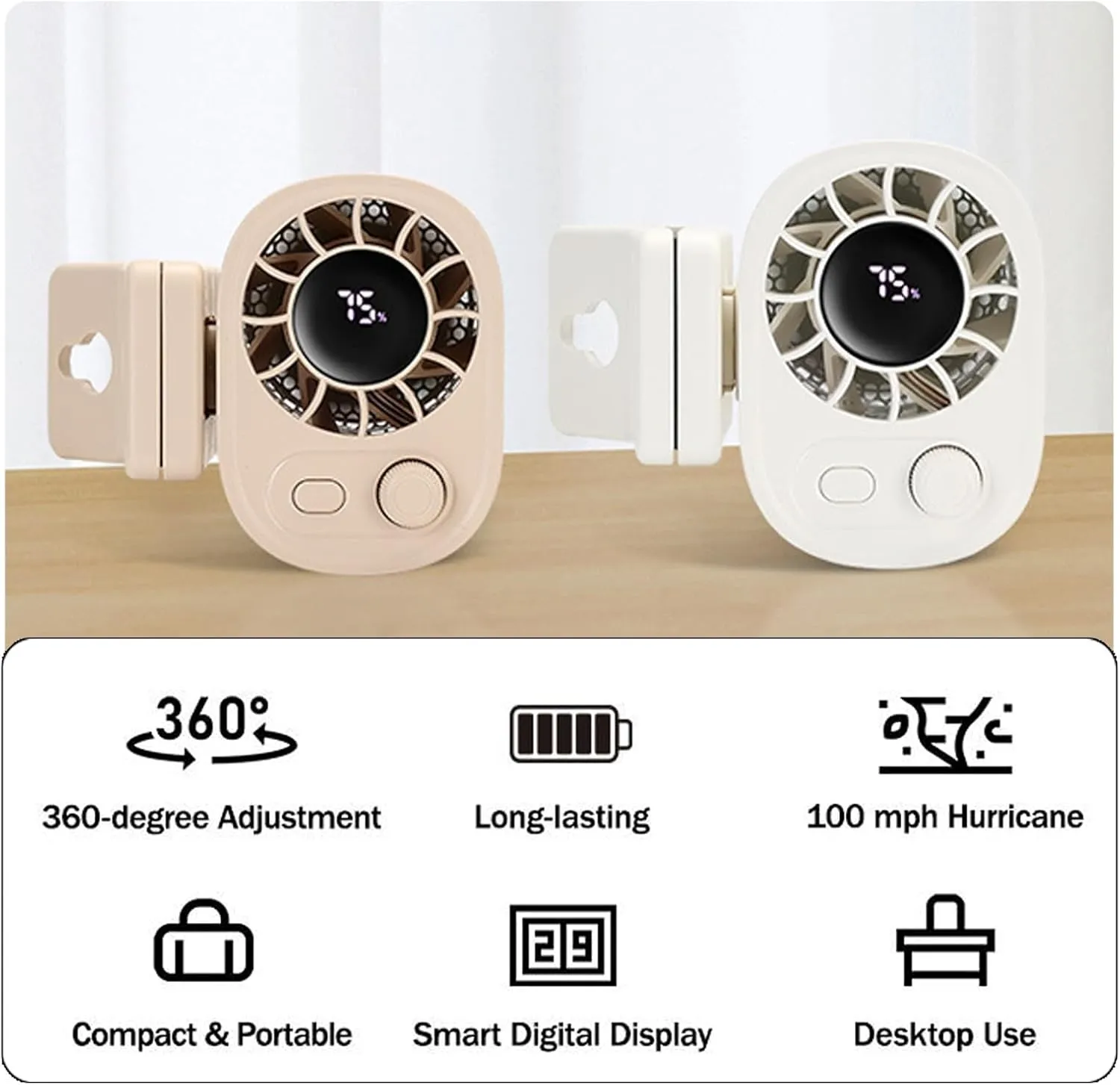 Joytutu Car Clip on Fan with LED Display - 360 Rotation, 100 Speeds Adjustable, USB Rechargeable Personal Cooling Fan 1800mah Battery, Portable Car Fans for Instant Summer Cooling(White)