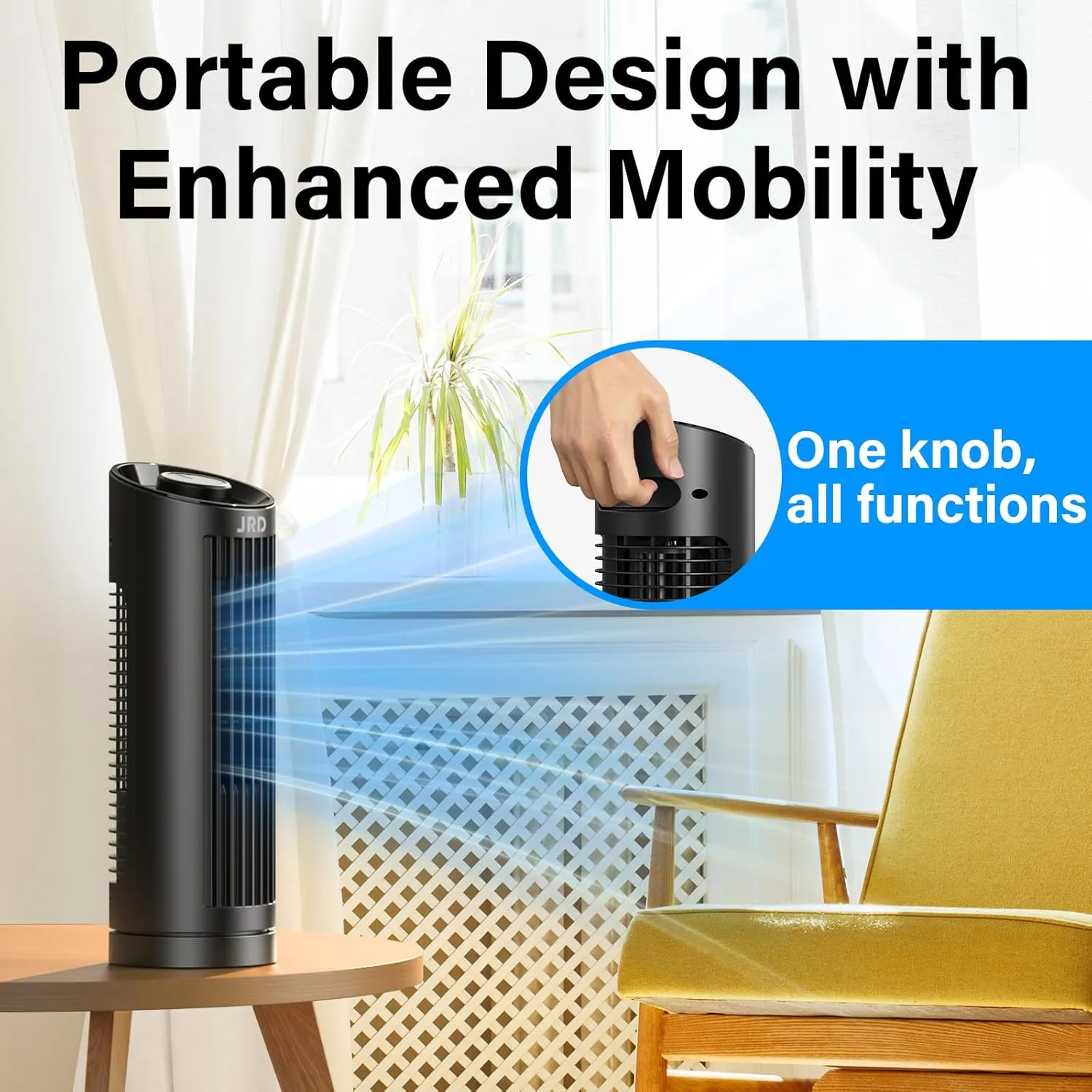JRD 13" Tower Fan for Bedroom, 23ft/s Bladeless Desk Fan with 3 Speeds, 80 Degree Oscillating, Quiet Operation, Compact & Portable Table Fan for Bedroom Home Office Desktop