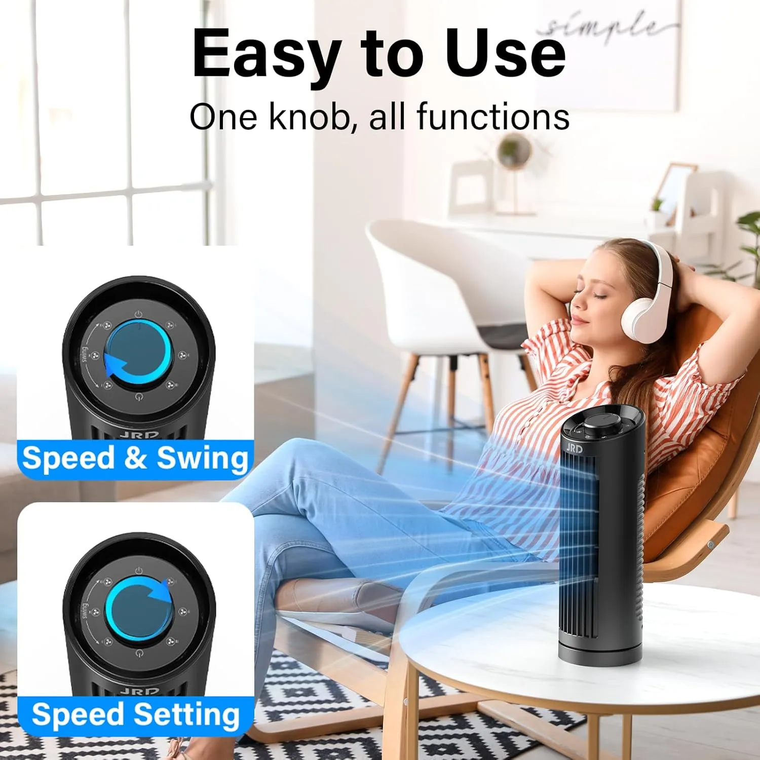 JRD 13" Tower Fan for Bedroom, 23ft/s Bladeless Desk Fan with 3 Speeds, 80 Degree Oscillating, Quiet Operation, Compact & Portable Table Fan for Bedroom Home Office Desktop