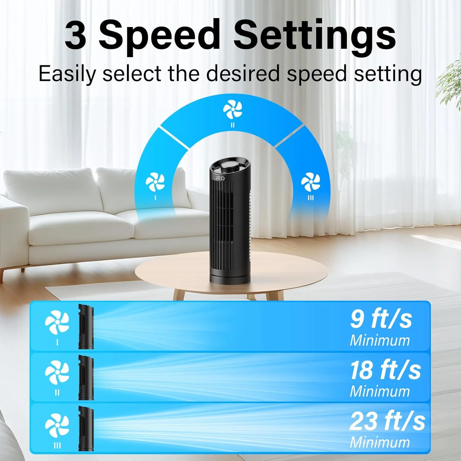 JRD 13" Tower Fan for Bedroom, 23ft/s Bladeless Desk Fan with 3 Speeds, 80 Degree Oscillating, Quiet Operation, Compact & Portable Table Fan for Bedroom Home Office Desktop