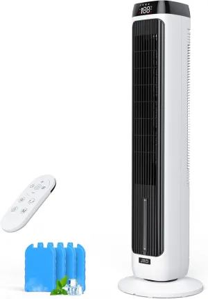 JRD 3-IN-1 Evaporative Air Cooler, 41" Portable Air Cooler with 3 Speeds, 5 Modes, Remote, 80 Oscillation Swamp Cooler with 12H Timer, Bladeless Tower Fan Cooling Fan for Bedroom Office Home Tower bladeless fan for modern homes