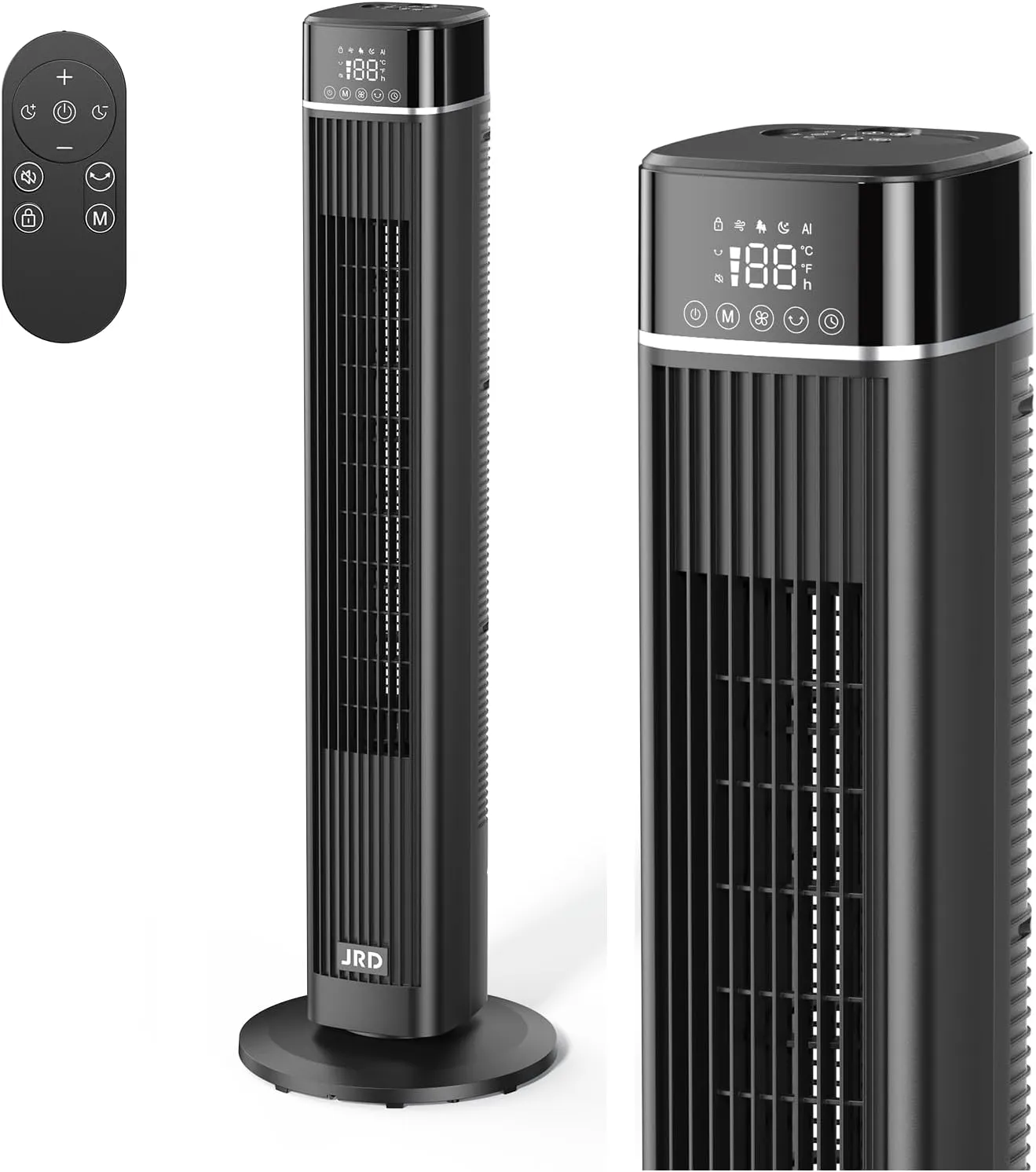 JRD 40 inch Tower Fan with Remote, 90 Oscillating Quiet Cooling Fan with 3 Speeds, 4 Modes, 12H Timer, LED Display, 27ft/s Velocity, Bladeless Standing Fan Floor Fan for Indoor Bedroom Home Tower bladeless fan for modern homes