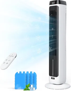 JRD 41" Evaporative Air Cooler, Bladeless Tower Fan with 12H Timer, 3 Speed, 5 Mode, Remote Control, 80 Oscillating, 3-IN-1 Portable Swamp Cooler Standing Floor Fan for Bedroom Office Indoor Room Tower bladeless fan for modern homes